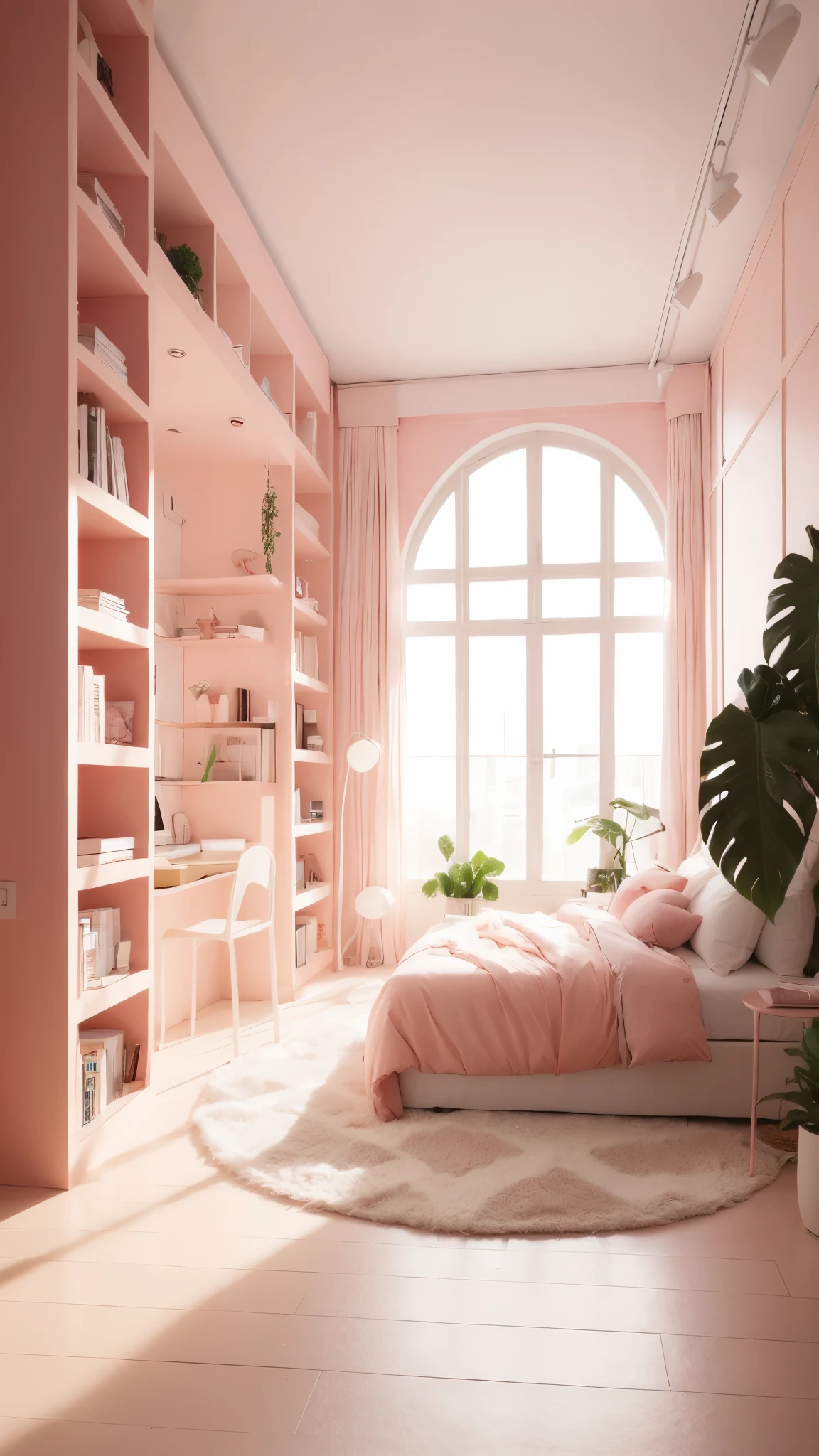 There is one bedroom,There is a bed and a window inside, pink room brightly lit, soft pink, pink color scheme, bright room, bright room, natural light in room, 最小的pink tint色板, monochromatic color scheme, pink zen style, the walls are pink, Beautiful aesthetic design, pink scheme, pink tint, bright rendering, light color