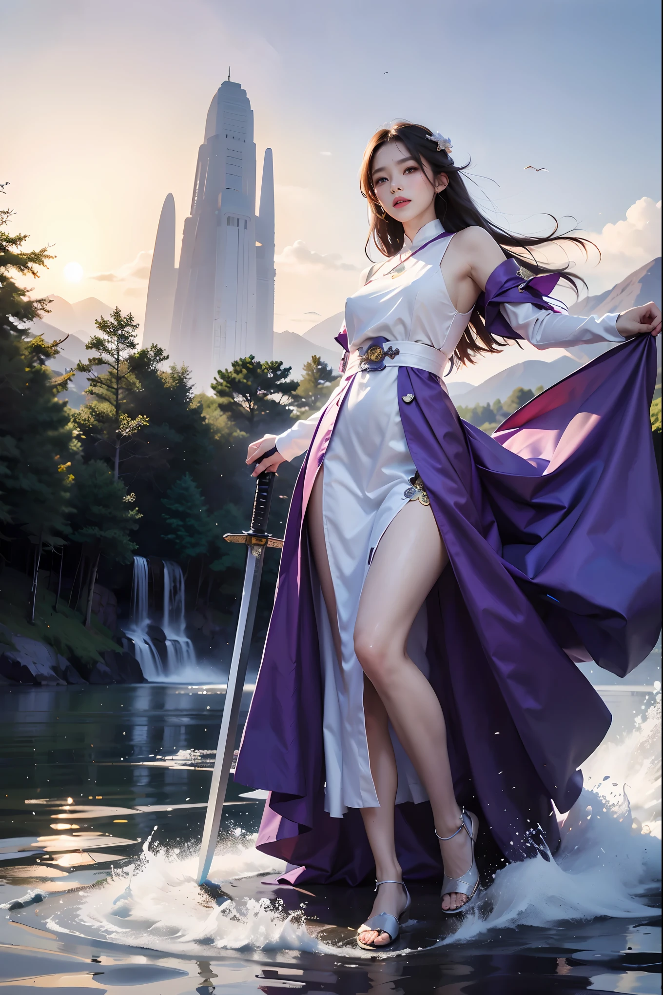 Purple dress and white dress, a beautiful train, holding the lake cuiqin, like a fierce tiger of the sword, sword dance music, a fierce sword, fire smoke, sparkling lake, stream overflowing mountain stream, Sunset Dew, the sea of clouds rolling, sword organ rhyme, agitation cloud, bright flower,masterpiece,16k
