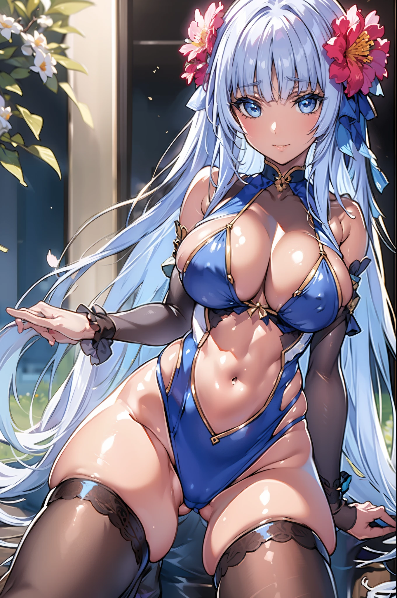 goddess of flowers. everything is covered with flowers, Rest on a throne made of branches and plants in the middle of the spring garden.. she is very beautiful、The skin is clear and has a fine texture。, her eyes are innocent and kind