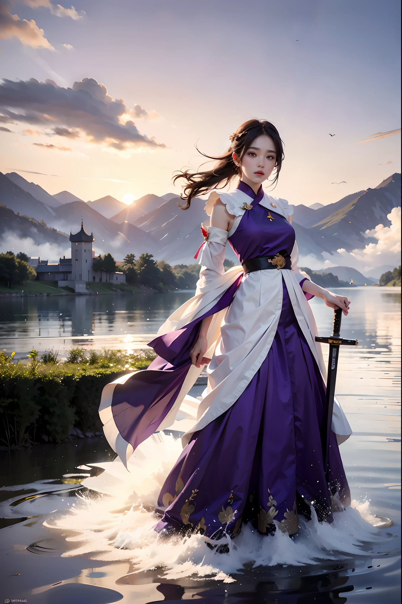 Purple dress and white dress, a beautiful train, holding the lake cuiqin, like a fierce tiger of the sword, sword dance music, a fierce sword, fire smoke, sparkling lake, stream overflowing mountain stream, Sunset Dew, the sea of clouds rolling, sword organ rhyme, agitation cloud, bright flower,masterpiece,16k