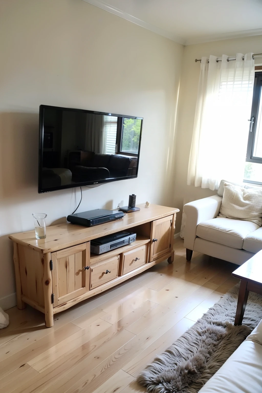 living room，4*3.8 meters，Full wall TV cabinet，2.7m sofa，There is a small fish tank next to the sofa，Light wood floors，Log style