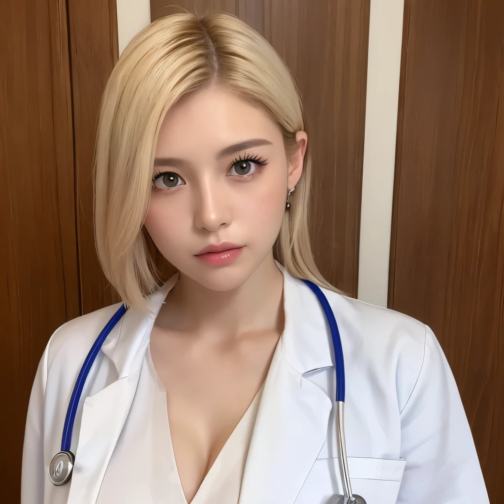 High resolution、High level image quality、high detail、masterpiece、realistic skin,、rough skin、(anatomically correct)、1 person、((doctor、white clothes、big chest_hidden)))、((Japanese 27 year old female))、((whole body))、facing forward