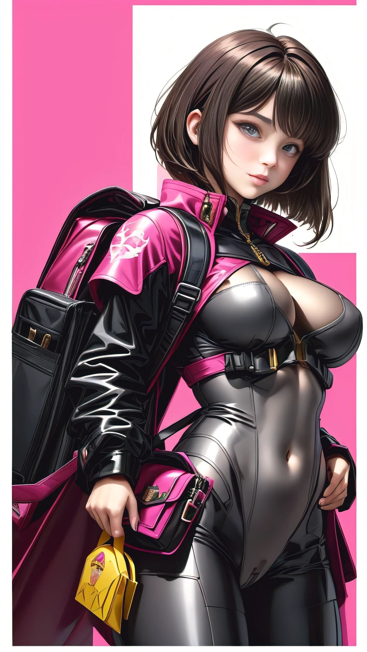 Realistic Red Sotheby Girl Photo, short bob cut, Her hair color is bright pink and has a gradation with blonde.., background is gray, Coat of arms of the Principality of Zeon,  daughter of Haman Khan and Char Aznable, big breasts, multiple girls, nude, Backpack, bag, black hair, censored, belly button, short hair