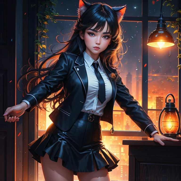 Ultra-realistic 8k CG, masterpiece, best quality, (photorealistic:1.4), absurdres, extremely detailed, real hair, life-like, horror scene, dark setting, (leaping forward), cute girl smiling, red smokey eyes make up, black hair, girly dress, (white pantyhose), black ((mary jane pumps)), tail, black wings, devil horns, looking at viewer, reflective, crawling toward viewer, night castle garden