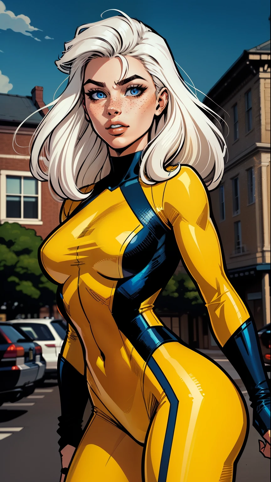 A woman, white hair, hair with bangs, 90's x-men uniform, outside, Marvel art style, comic, blue eyes, some freckles, dark yellow spandex, orange accent