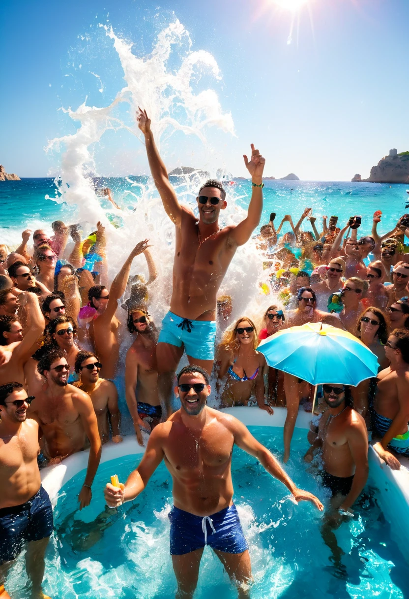  beach /beach party/beach party.pool party, At a beach party in Ibiza, splash room, Big splash, summer swimming , Waves, Beach, Yezishu, Food and Wine, Have a great time,having fun in the sun.heaven in background, Everyone had a great time.Splashes.