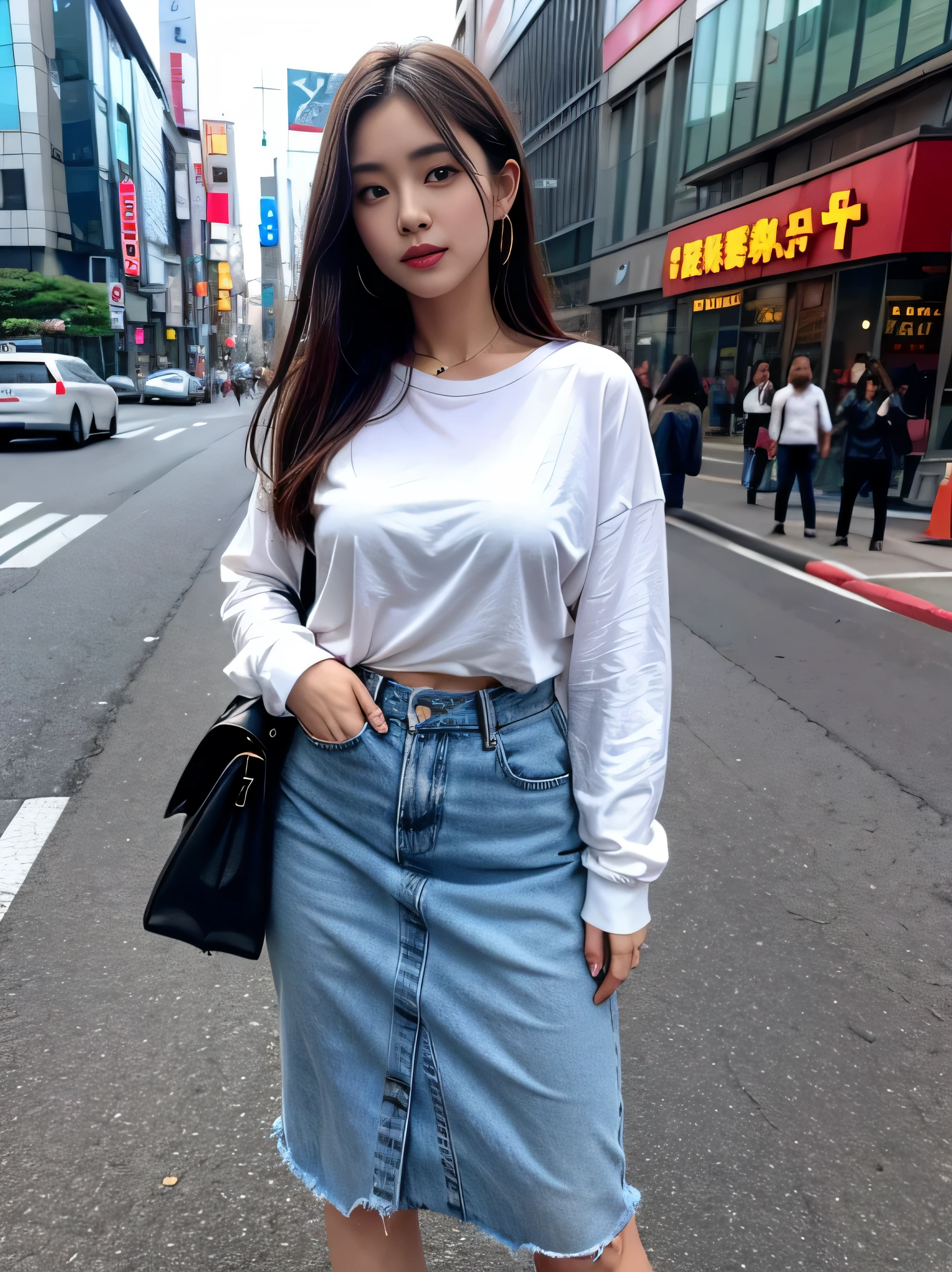 Photoreal, 8k Full Length Portrait, cute woman, attractive appearance, clear type, 18-year-old, Tokyo, spring, With Shibuya in the background、My chest is plump、