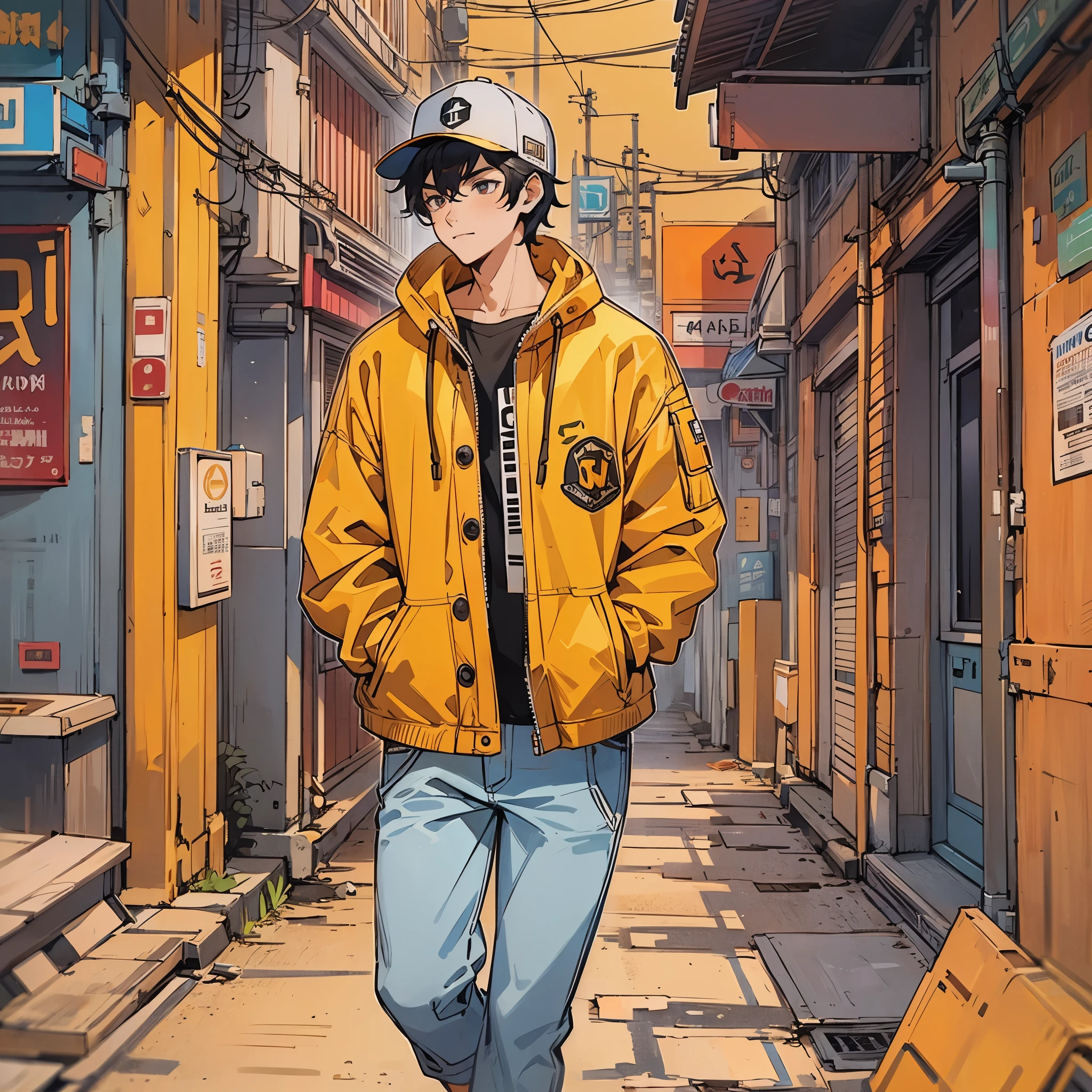 A young man,black hair,Wearing a baseball cap,Wearing an orange jacket,jeans,Walking alone in the streets and alleys。Vista composition,full body picture,Colored screen,Anime illustration style,Marker sketch style,Sketch portraits of people,high-definition,4k。