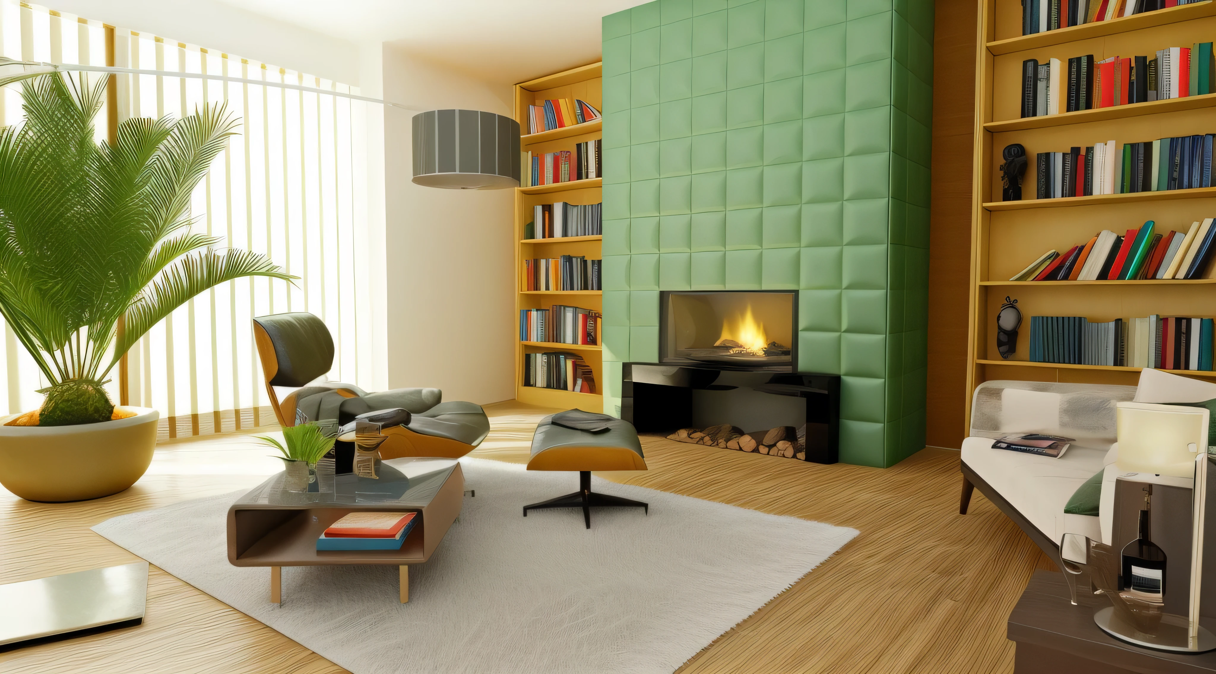 there is a living room with a couch, chair, book shelf and a fireplace, popular interior design style, warm living room, modern living room, modern style, warm interior, modern interior design, interior design, bright modern style, home interior, warm interiors, green and warm theme, living room with split levels, colorful modern, modern look, colorful accents