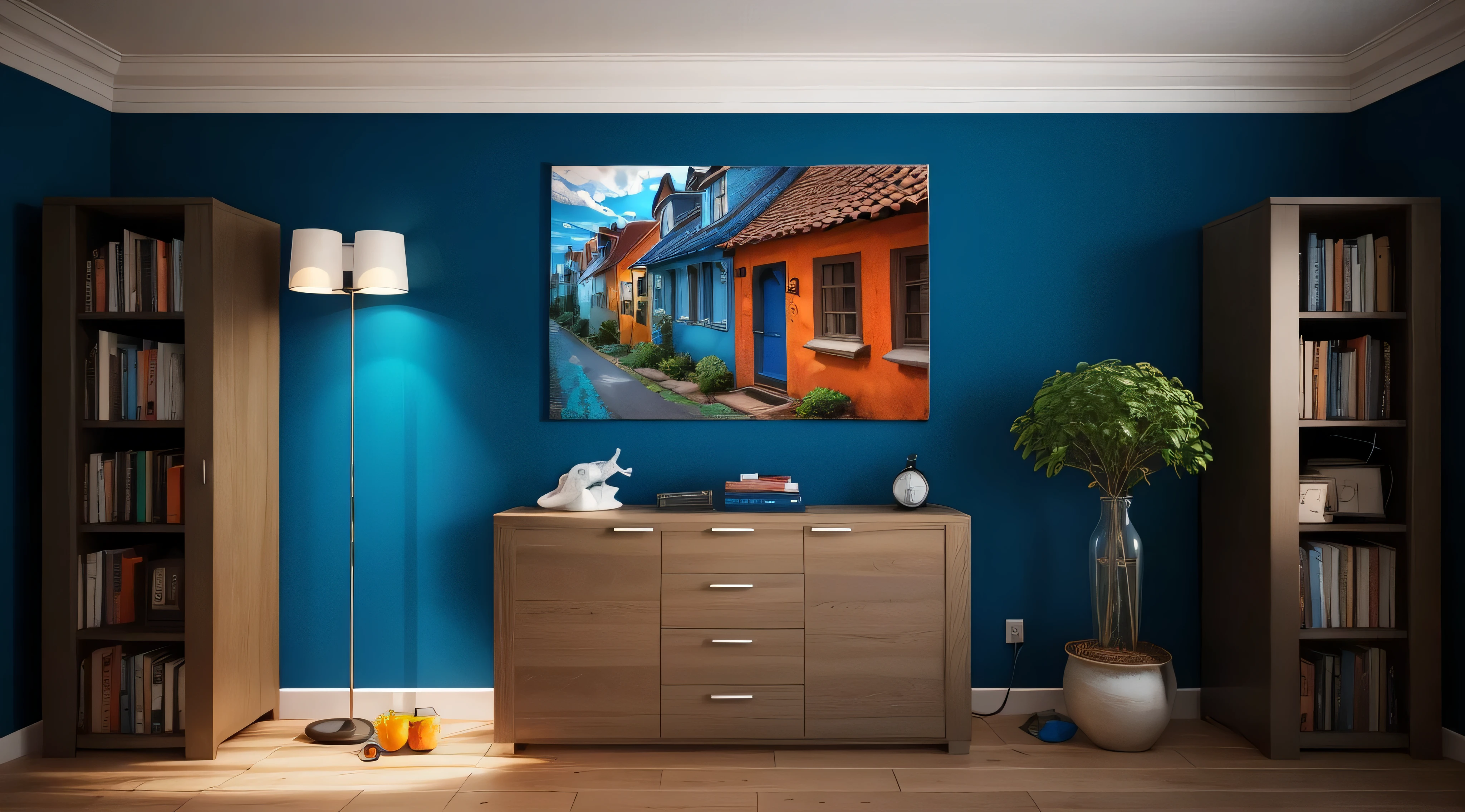 arafed room with a blue wall and a wooden dresser, bold colored walls, blue walls, poster colour on canvas, colorful house, painting of a room, vibrant deep saturated colors, canvas painting, painting for a wall, bold complementary colours, high quality painting, displayed on the walls, oil painting style, strong blue and orange colors, blue colors with red accents