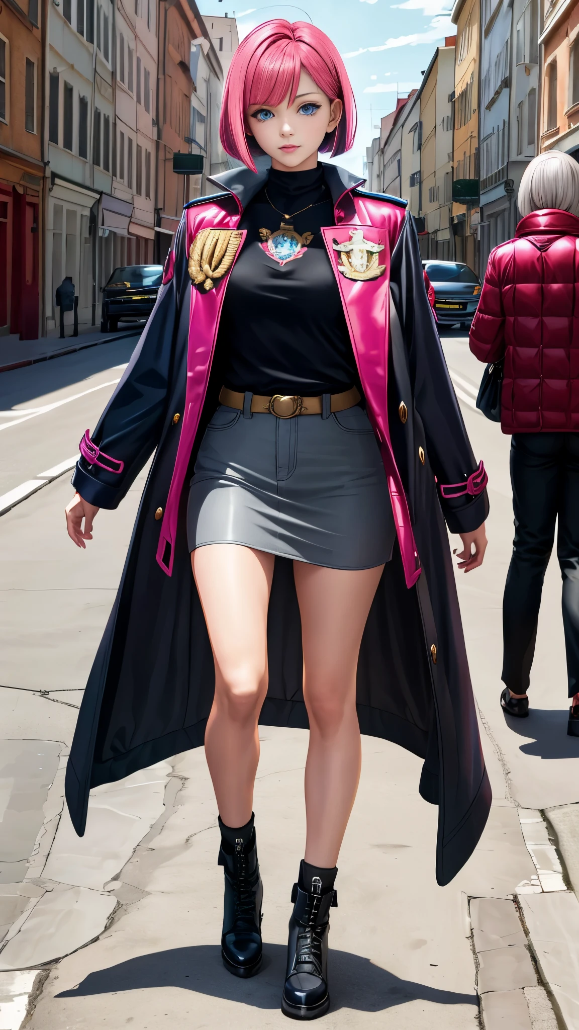 Realistic red Sozabi girl full body photo,short bob cut,hair color is bright pink,blue eyes,cool look,background is gray,Coat of arms of the Principality of Zeon,The 16-year-old daughter of Hamankarn and Char Aznable.,