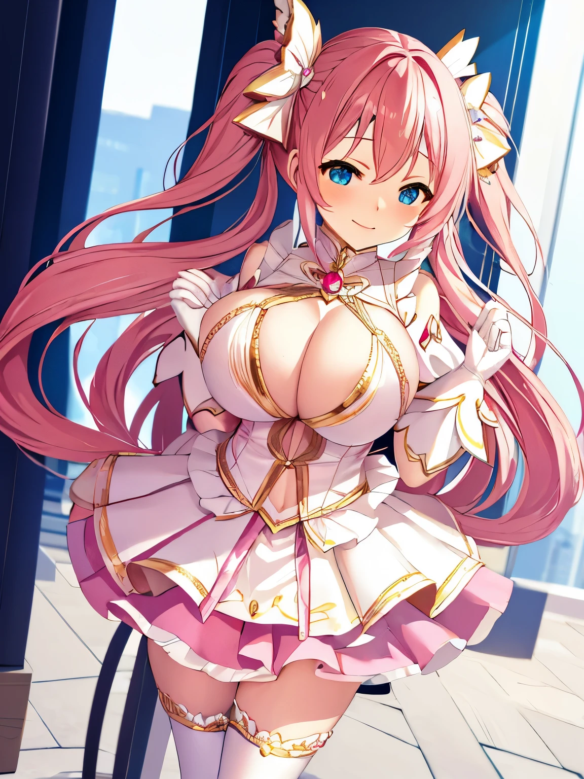 high quality，masterpiece。Cute magical girl with very long pink hair，Her hairstyle is long twin tails。She stands upright with her face and body facing the viewer，true identity。her hands are empty，Do not pose your hands。she looks tall，Her breasts are huge and very big，The style is also very good，She has the perfect proportions for a woman。she is smiling with a cute face，Both eye colors are blue。Clothing that does not expose much of the chest，the costume covers the chest，magical girl costume costume，Costumes with fancy designs such as ribbons and frills，The costume has a color scheme using white and pink.，Skirt is a mini skirt，Long white gloves on both hands，Long white socks on both legs。she is standing，The place you are standing is in the city。