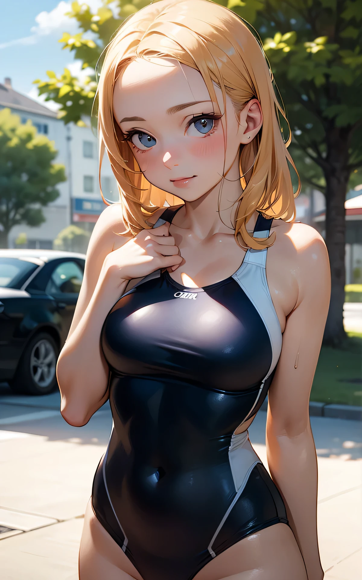 absurderes:2.0、(racing swimsuit)、realistic, Unity 8K Wallpaper, Masterpiece, Realistic face, Realistic skin feeling ,detailed hair, highly detailed, realistic glistening skin, Cute Girl, Perfect face, charming face, Glossy skin, forehead,(cowboy shot), embarrassed, blond hair、outdoor
