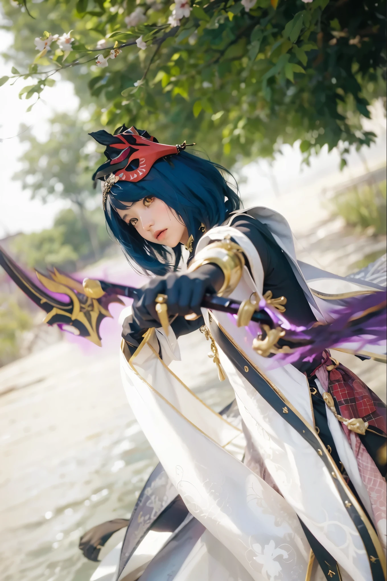 ((KUJOU SARA_GENSHIN IMPACT)),((realistic, photorealistic)),(highlight hair)), Light reflection, (( HD )),((upper body)), (((best quality, masterpiece))), (masterpiece) (best quality) (detail) (8k) (HDR) (wallpaper) (cinematic lighting) (sharp focuasterpiece, best quality: 1.1),Eyes focus forward, arching towards the front, Custom detail, mask on the hair,Sakura leaves, arrows,Purple light, highlights,
