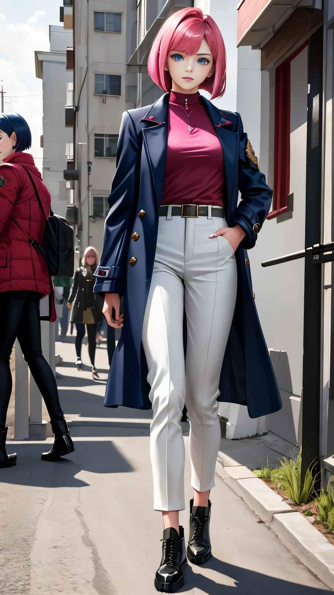 Realistic red Sozabi girl full body photo,short bob cut,hair color is bright pink,blue eyes,cool look,background is gray,Coat of arms of the Principality of Zeon,The 16-year-old daughter of Hamankarn and Char Aznable.,