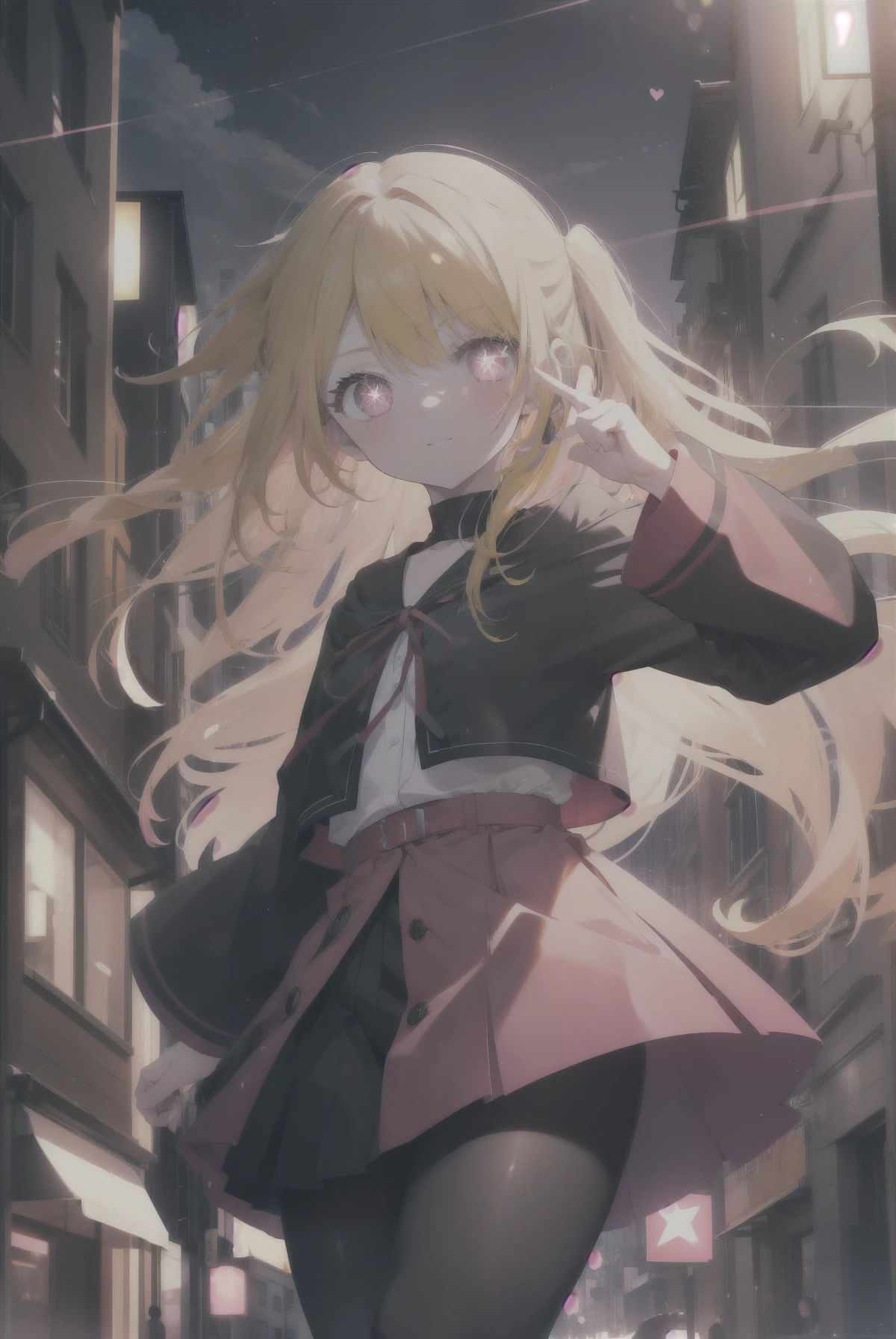 rubyhoshino, Ruby Hoshino, (yellow hair:1.5), long hair, one side up, (pink eyes:1.5), side lock, (right eye　star-shaped pupil:1.5), (pupil in the shape of a symbol:1.5), (mismatched pupils:1.5),(great laugh:1.1), (open your mouth:1.1), red long coat,off shoulder sweater,bare clavicle,naked neck,bare shoulders,pleated skirt,black pantyhose,short boots,(wide open eyes:1.2), Bokeh, Depth of the bounds written, blurred background, particles of light, strong wind, (heart particles:1.1),sunset,evening,The sun is setting between the buildings,
break looking at viewer,
break indoors, In town,building street,
break (masterpiece:1.2), highest quality, High resolution, unity 8k wallpaper, (figure:0.8), (detailed and beautiful eyes:1.6), highly detailed face, perfect lighting, Very detailed CG, (perfect hands, perfect anatomy),
