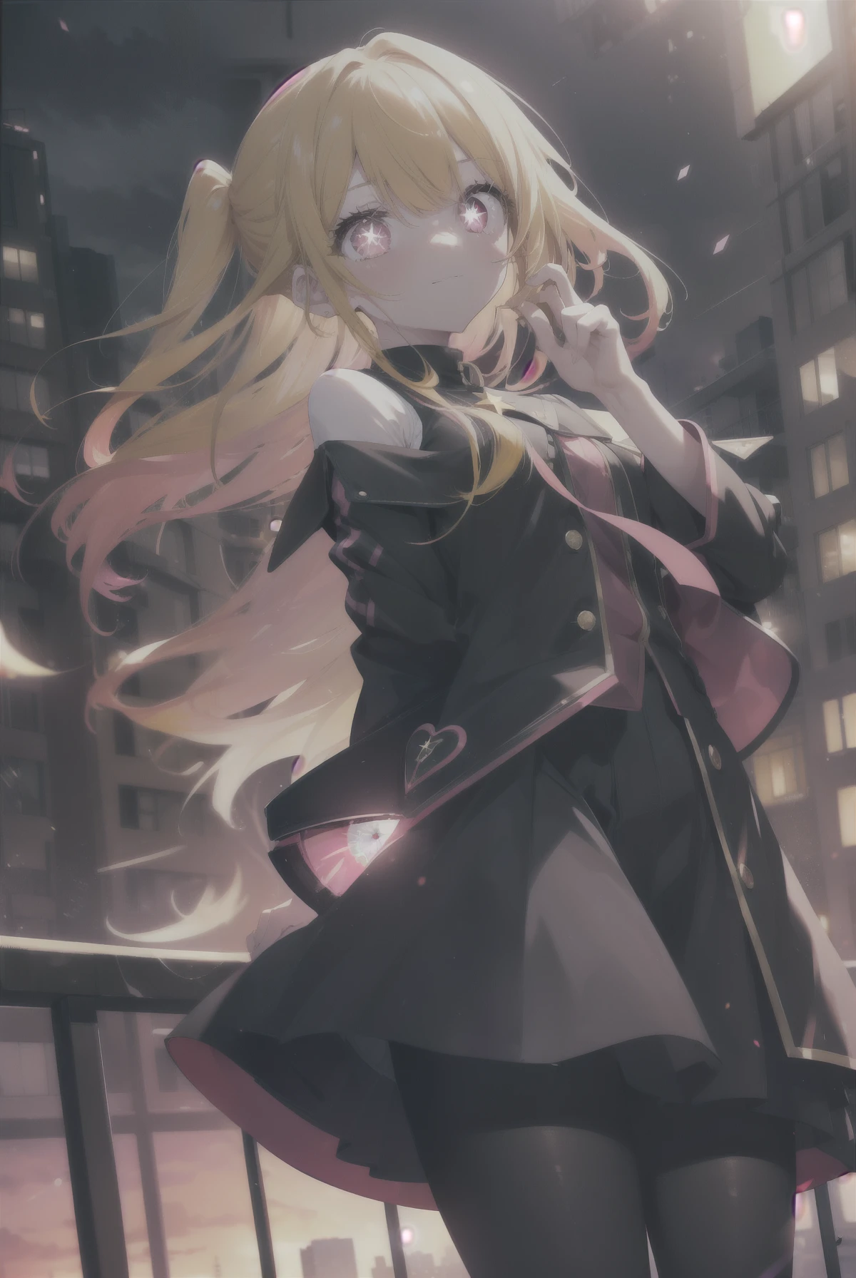rubyhoshino, Ruby Hoshino, (yellow hair:1.5), long hair, one side up, (pink eyes:1.5), side lock, (right eye star-shaped pupil:1.5), (pupil in the shape of a symbol:1.5), (mismatched pupils:1.5),(great laugh:1.1), (open your mouth:1.1), red long coat,off shoulder sweater,bare clavicle,naked neck,bare shoulders,pleated skirt,black pantyhose,short boots,(wide open eyes:1.2), Bokeh, Depth of the bounds written, blurred background, particles of light, strong wind, (heart particles:1.1),sunset,evening,The sun is setting between the buildings,
break looking at viewer,
break indoors, In town,building street,
break (masterpiece:1.2), highest quality, High resolution, unity 8k wallpaper, (figure:0.8), (detailed and beautiful eyes:1.6), highly detailed face, perfect lighting, Very detailed CG, (perfect hands, perfect anatomy),