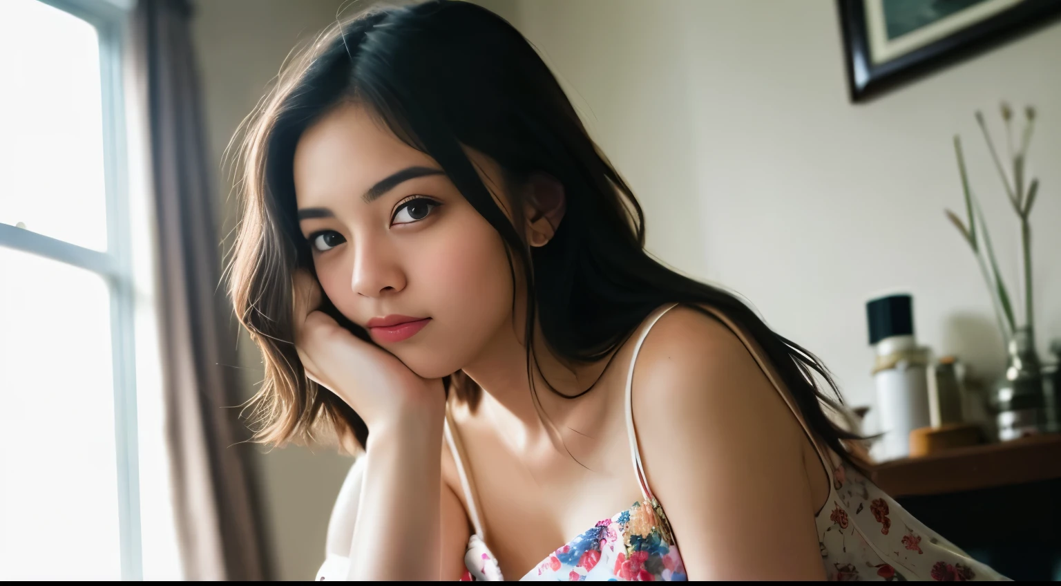 4k, 8k, RAW, highly detailed, detailed beautiful skin, full body, arms, cinematic ilumination, natural lighting, BereJu, brown hair, straight hair, detailed hair, white skin, solo focus,(full body portrait), looking at viewer, belly, belly button, hips, arms, legs, 1girl, knees, bedroom, original eyes, perfect pupile, detailed eyes, brown eyes, perfect nose, perfect mouth, perfect eyes, thong g-string black , perfect circle iris, high definition, nude, perfect skin, chuvy body, perfect lips, perfect arms, two arms, perfect shoulders, bra, big boobs, nipples, lingerie, thong, g-string, detailed hands, perfect hands, body, perfect neck, forearms, perfect head, full head, smile, small woman, chuvy, chuvy woman, chuvy face, rounded face, thin woman, original face.
