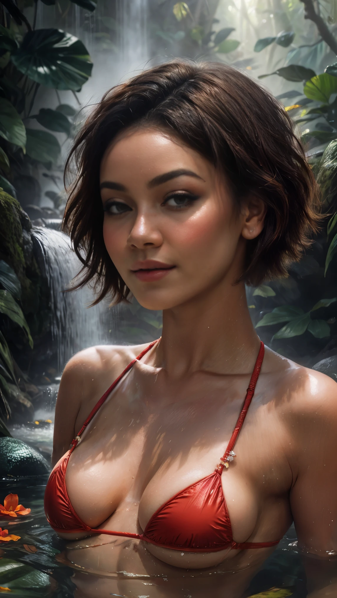 close-up portrait of a beautiful woman short hair style, bathing in a jungle waterfall, wearing red bikini top and bottom bikini, tight, (backlight), realistic, masterpiece, high quality, lens reflection, shadow, flower, [[chromatic aberration]], by Jeremy Lipking, by Antonio J. Manzanedo, digital painting,