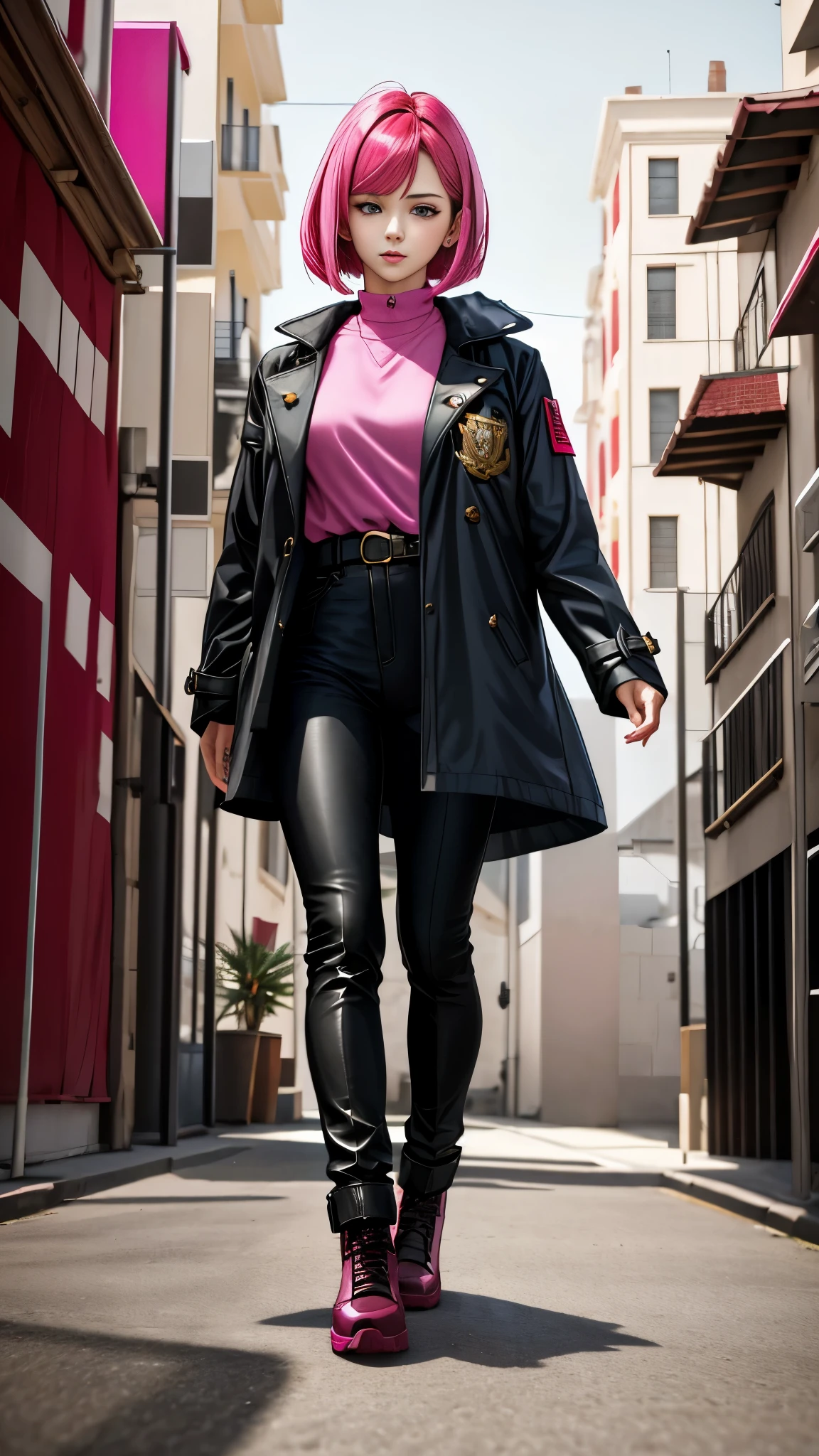 Realistic red Sozabi girl full body photo,short bob cut,hair color is bright pink,cool look,background is gray,Coat of arms of the Principality of Zeon,The 16-year-old daughter of Hamankarn and Char Aznable.,