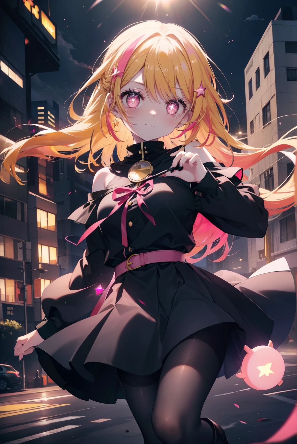 rubyhoshino, Ruby Hoshino, (yellow hair:1.5), long hair, one side up, (pink eyes:1.5), side lock, (right eye star-shaped pupil:1.5), (pupil in the shape of a symbol:1.5), (mismatched pupils:1.5),(great laugh:1.1), (open your mouth:1.1), red long coat,off shoulder sweater,bare clavicle,naked neck,bare shoulders,pleated skirt,black pantyhose,short boots,(wide open eyes:1.2), Bokeh, Depth of the bounds written, blurred background, particles of light, strong wind, (heart particles:1.1),sunset,evening,The sun is setting between the buildings,
break looking at viewer,
break indoors, In town,building street,
break (masterpiece:1.2), highest quality, High resolution, unity 8k wallpaper, (figure:0.8), (detailed and beautiful eyes:1.6), highly detailed face, perfect lighting, Very detailed CG, (perfect hands, perfect anatomy),