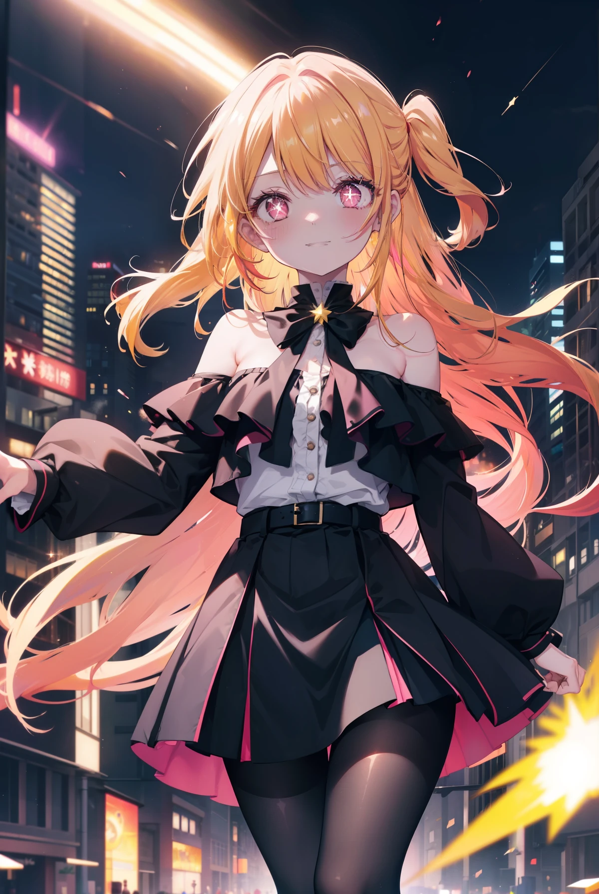 rubyhoshino, Ruby Hoshino, (yellow hair:1.5), long hair, one side up, (pink eyes:1.5), side lock, (right eye star-shaped pupil:1.5), (pupil in the shape of a symbol:1.5), (mismatched pupils:1.5),(great laugh:1.1), (open your mouth:1.1), red long coat,off shoulder sweater,bare clavicle,naked neck,bare shoulders,pleated skirt,black pantyhose,short boots,(wide open eyes:1.2), Bokeh, Depth of the bounds written, blurred background, particles of light, strong wind, (heart particles:1.1),sunset,evening,The sun is setting between the buildings,
break looking at viewer,
break indoors, In town,building street,
break (masterpiece:1.2), highest quality, High resolution, unity 8k wallpaper, (figure:0.8), (detailed and beautiful eyes:1.6), highly detailed face, perfect lighting, Very detailed CG, (perfect hands, perfect anatomy),