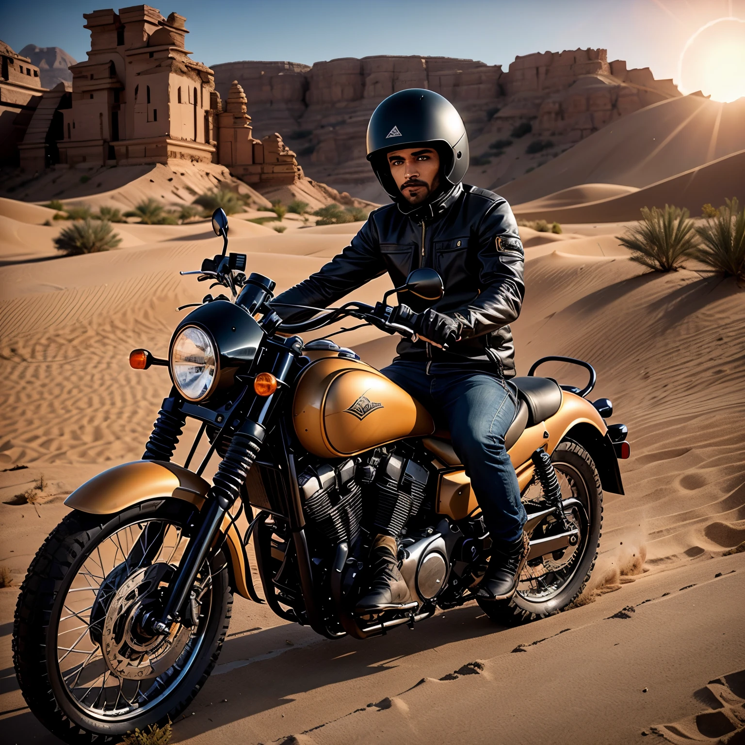 RAW, Best quality, high resolution, masterpiece: 1.3), Young Rambad Riding a Motorcycle in the Desert
Masterpiece: 1.3, Stunning young man named Rambad, Expression of focus and adventure, Eyes fixed on the horizon, Wearing adventure gear, Helmet on, Sun-kissed face, Motorcycle in motion, Grains of sand flying, Desert landscape, Scorching sun, Thirst for discovery, Ruins of ancient civilization in the backdrop, Detailed motorcycle with weathered texture, Realistic depiction of the young man and his ride, Lens flare effect capturing the intensity of the sun, Vibrant
