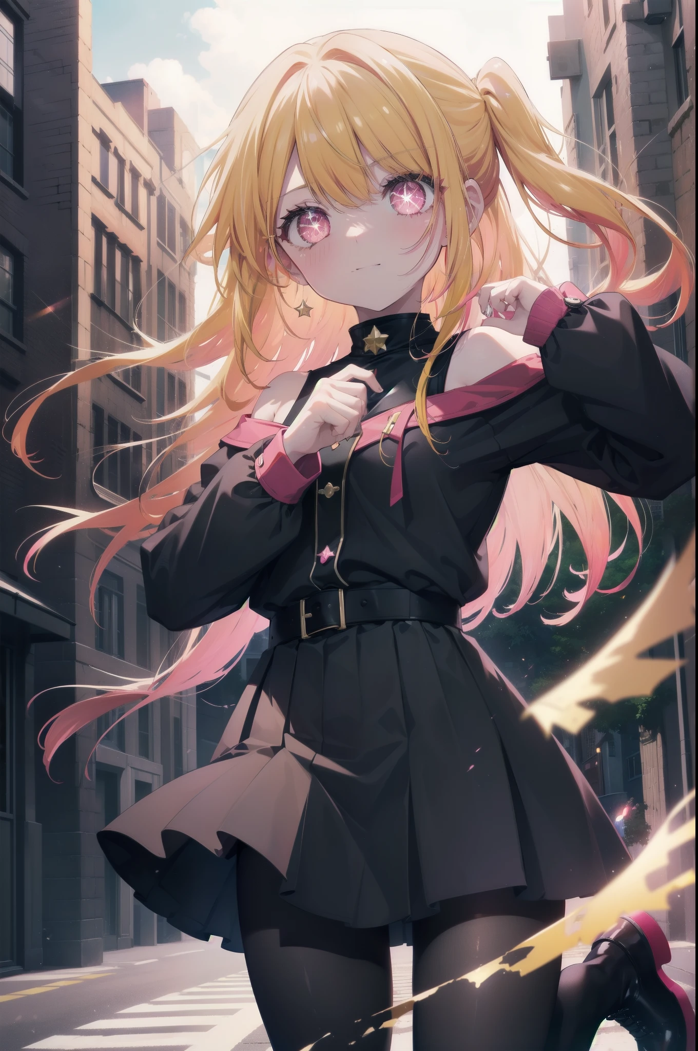 rubyhoshino, Ruby Hoshino, (yellow hair:1.5), long hair, one side up, (pink eyes:1.5), side lock, (right eye star-shaped pupil:1.5), (pupil in the shape of a symbol:1.5), (mismatched pupils:1.5),(great laugh:1.1), (open your mouth:1.1), red long coat,off shoulder sweater,bare clavicle,naked neck,bare shoulders,pleated skirt,black pantyhose,short boots,(wide open eyes:1.2), Bokeh, Depth of the bounds written, blurred background, particles of light, strong wind, (heart particles:1.1),sunset,evening,The sun is setting between the buildings,
break looking at viewer,
break indoors, In town,building street,
break (masterpiece:1.2), highest quality, High resolution, unity 8k wallpaper, (figure:0.8), (detailed and beautiful eyes:1.6), highly detailed face, perfect lighting, Very detailed CG, (perfect hands, perfect anatomy),