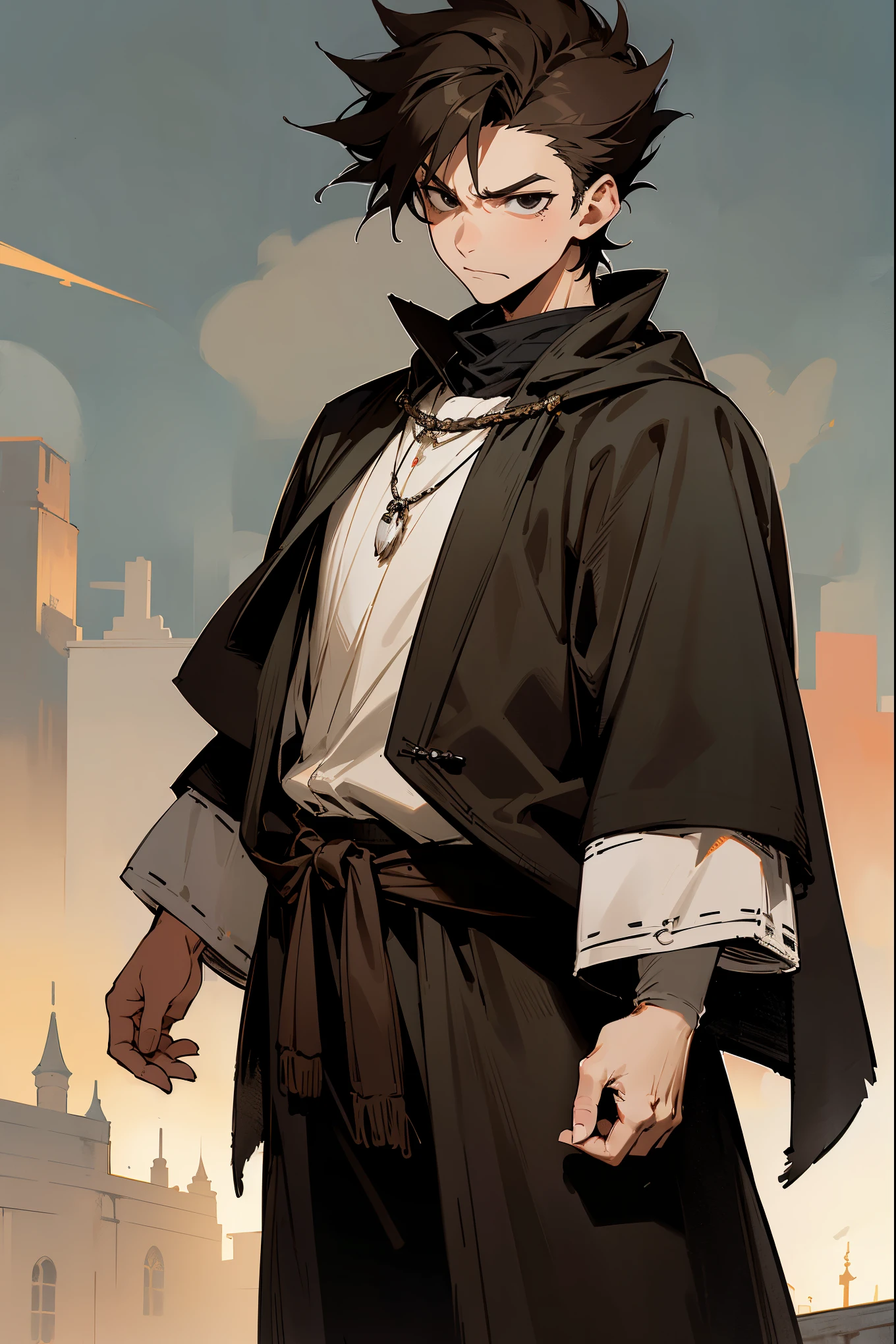 1male, brown hair, spiked hair, big black poncho, medieval old clothing, battle clothing, black eyes, annoyed expression, old city background, walking on path, hands behind back