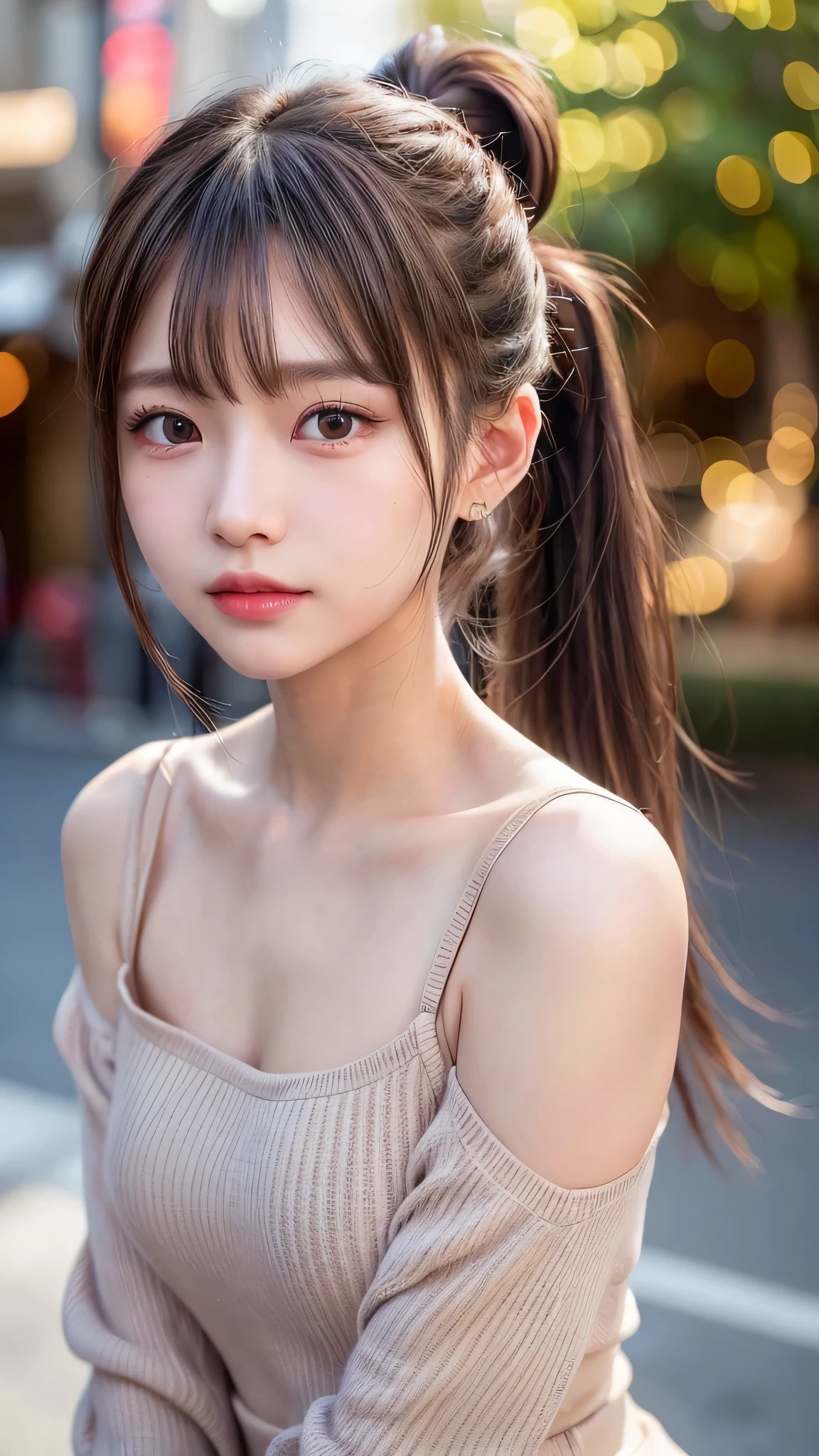 blush,,small breasts,winter,european cityscape,night,long hair ponytail,outdoors,wearing a plaid long-sleeved shirt,wearing jeans,close up of face,((8k, RAW photo, highest quality, pieces fly:1.2), (reality, realistic:1.4), (Highly detailed 8k wallpaper), written boundary depth, cinematic lighting, soft light, Details beauty eye,Shiny and smooth light brown ponytail, asymmetrical bangs, shiny skin, super dense skin ,High resolution, high detail, detailed hairstyle, detailed beauty face, hyper real, perfect limbs, perfect anatomy ,1 Japanese girl,famous japanese idol, perfect female body,shy smile,short eyelashes,double eyelid,look straight here,Hair style is ponytail,
