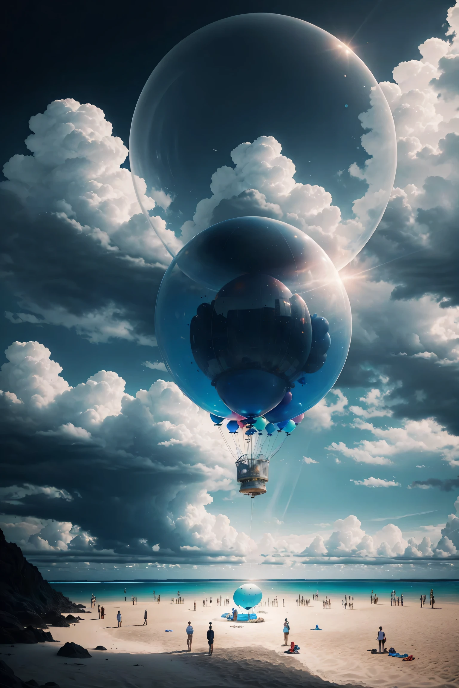 giant blue balloon, beautiful beach floating on balloons, ((many people are having   on the beach)),( atmosphere),light is penetrating through clouds, magnificent clouds, blue theme, epic beach, in another planet