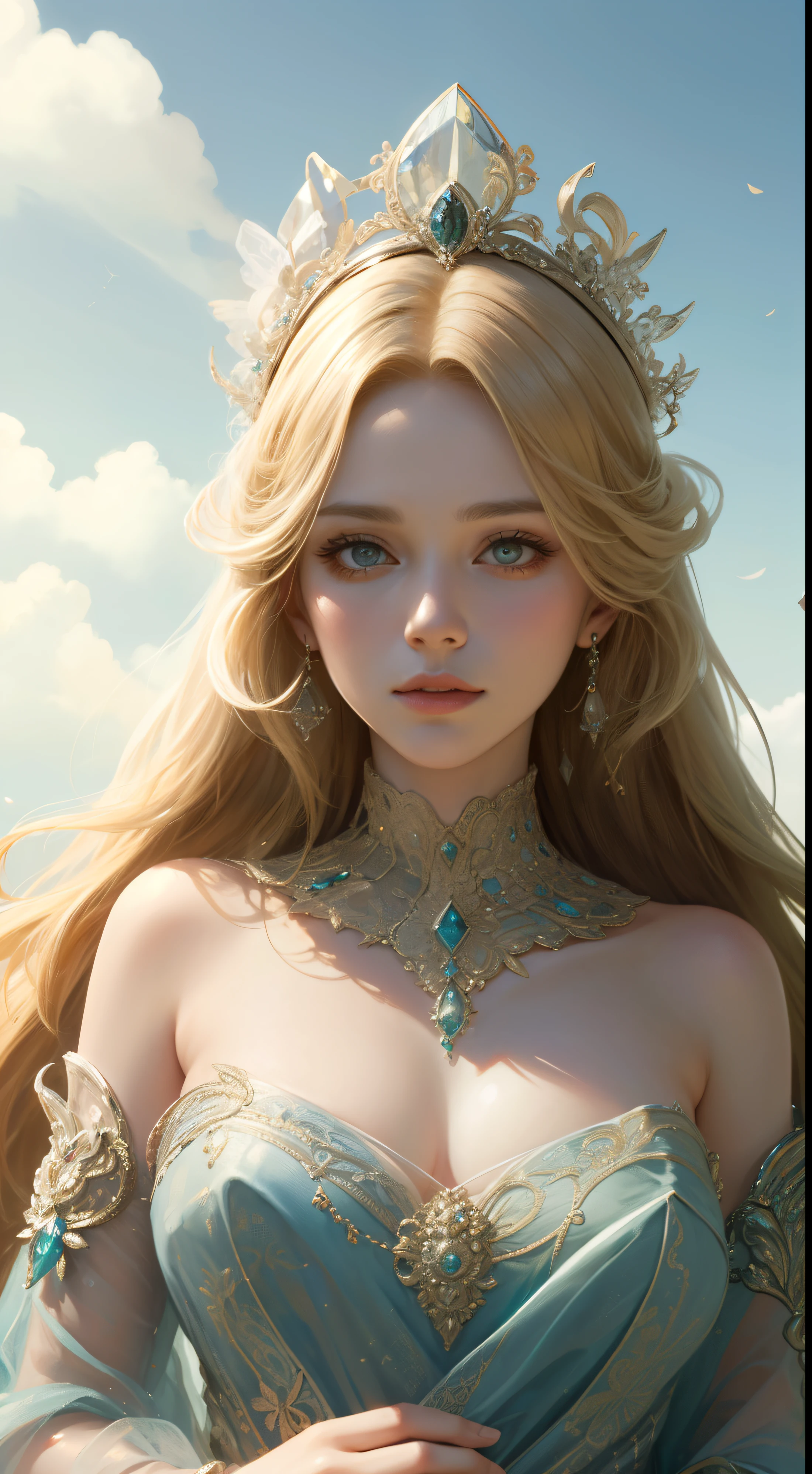 master piece，best high resolution，Dynamic bust portrait of beautiful royal woman，long blonde hairstyle，clear eyes of grass green，The hair is covered with beautiful and delicate floral crafts, crystal jewelry filigree，super detailed details，Upscaled。