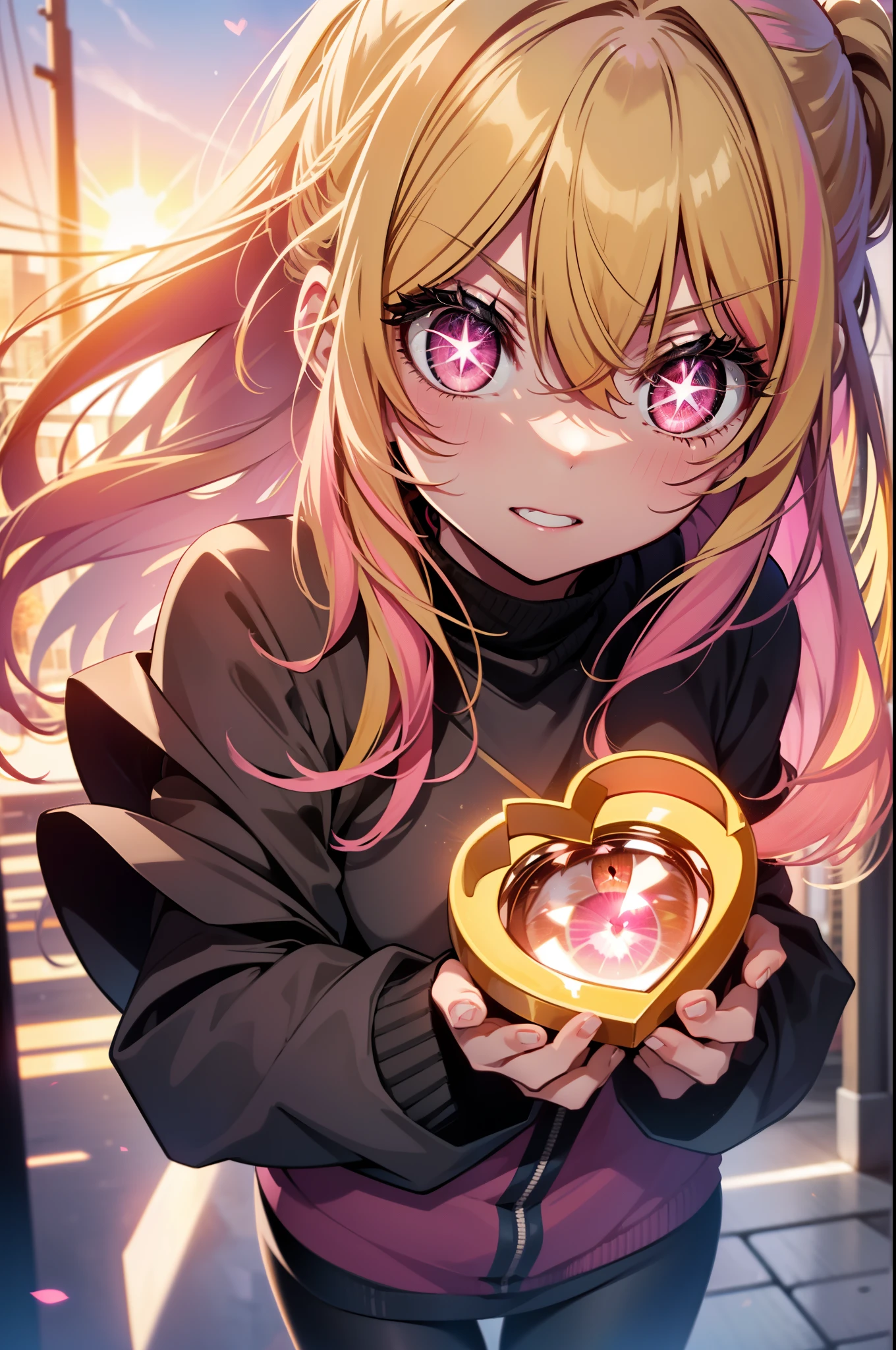rubyhoshino, Ruby Hoshino, (yellow hair:1.5), long hair, one side up, (pink eyes:1.5), side lock, (right eye star-shaped pupil:1.5), (pupil in the shape of a symbol:1.5), (mismatched pupils:1.5),(great laugh:1.1), (open your mouth:1.1), red long coat,off shoulder sweater,bare clavicle,naked neck,bare shoulders,pleated skirt,black pantyhose,short boots,(wide open eyes:1.2), Bokeh, Depth of the bounds written, blurred background, particles of light, strong wind, (heart particles:1.1),sunset,evening,The sun is setting between the buildings,
break looking at viewer,
break indoors, In town,building street,
break (masterpiece:1.2), highest quality, High resolution, unity 8k wallpaper, (figure:0.8), (detailed and beautiful eyes:1.6), highly detailed face, perfect lighting, Very detailed CG, (perfect hands, perfect anatomy),