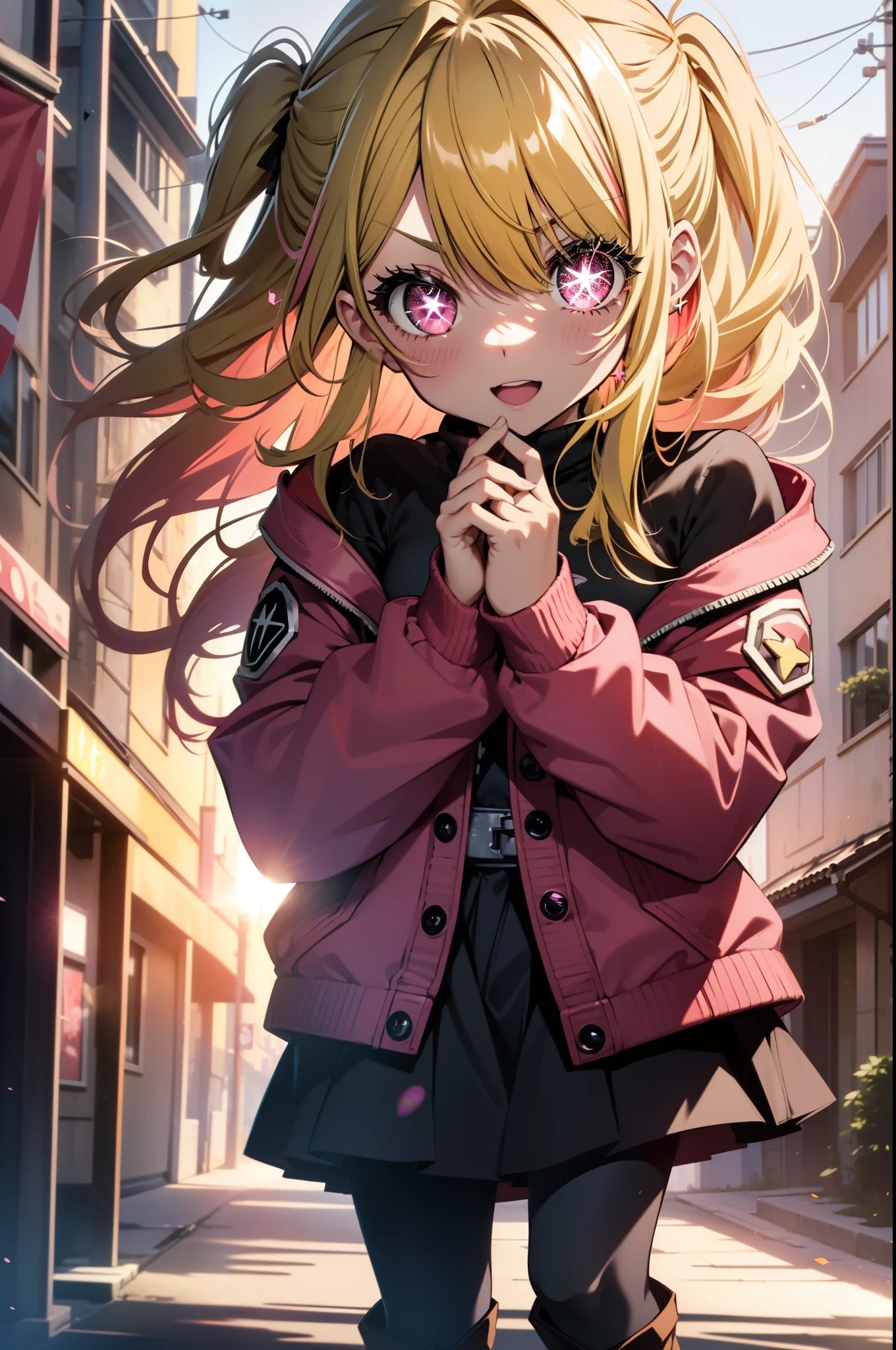 rubyhoshino, Ruby Hoshino, (yellow hair:1.5), long hair, one side up, (pink eyes:1.5), side lock, (right eye　star-shaped pupil:1.5), (pupil in the shape of a symbol:1.5), (mismatched pupils:1.5),(great laugh:1.1), (open your mouth:1.1), red long coat,off shoulder sweater,bare clavicle,naked neck,bare shoulders,pleated skirt,black pantyhose,short boots,(wide open eyes:1.2), Bokeh, Depth of the bounds written, blurred background, particles of light, strong wind, (heart particles:1.1),sunset,evening,The sun is setting between the buildings,
break looking at viewer,
break indoors, In town,building street,
break (masterpiece:1.2), highest quality, High resolution, unity 8k wallpaper, (figure:0.8), (detailed and beautiful eyes:1.6), highly detailed face, perfect lighting, Very detailed CG, (perfect hands, perfect anatomy),
