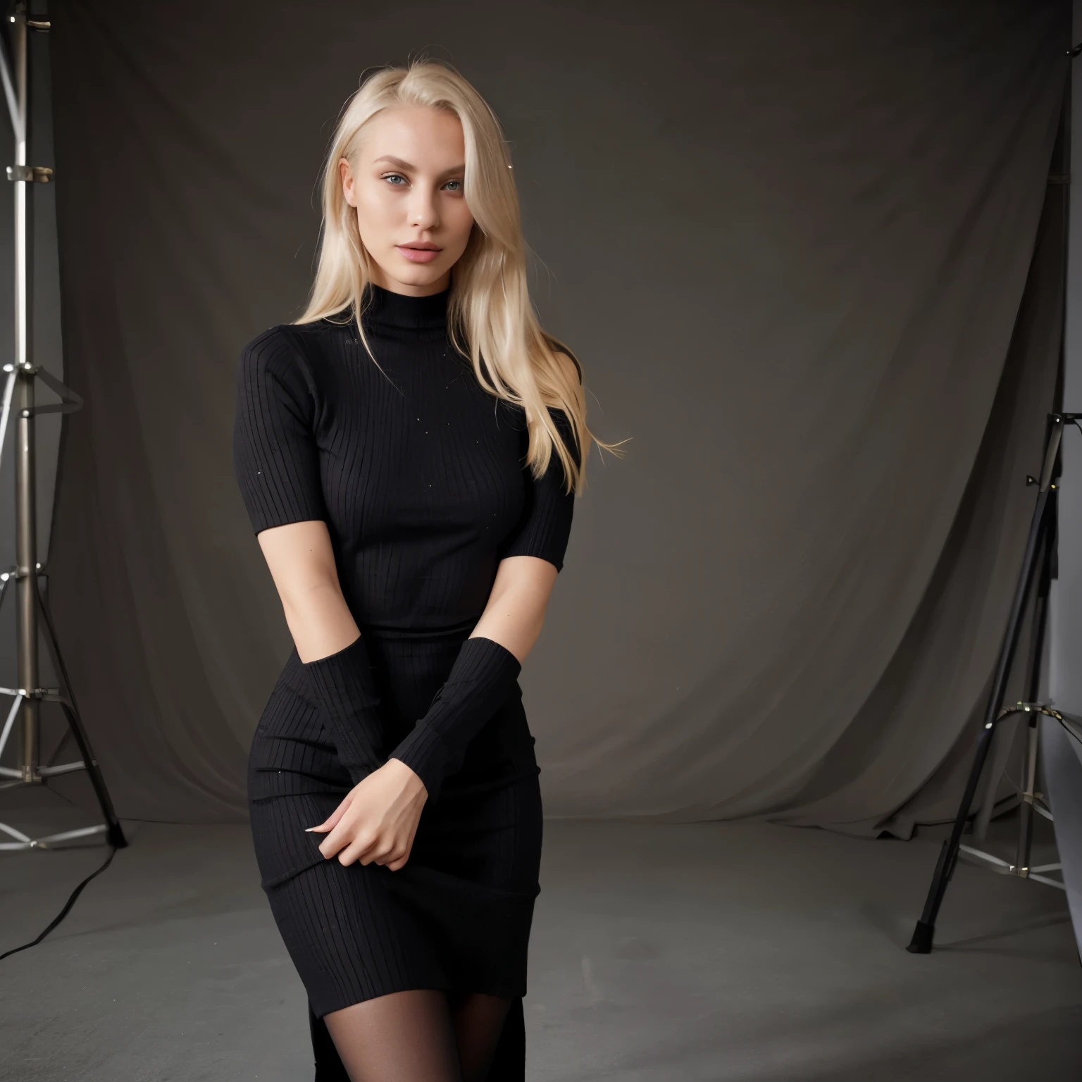 Aria, 24 year old platinum blonde model with nice body, slightly curvy body, and big . Doing a photo shoot for Fashionova, wearing a black mini knit dress. Ensure the background setting is similar to a Fashionova photo shoot