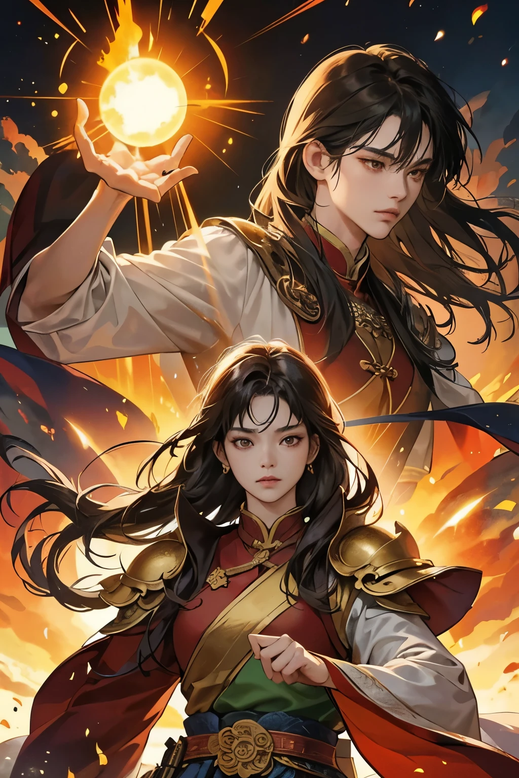 Cover Image:
The main focal point of the cover would be an illustration depicting Liang and Sun, the two central characters. This illustration could show them standing side by side, ready for battle or embracing their destinies.
Liang:
Liang would be depicted as a graceful, strong woman, with an aura of mystery and power surrounding her. She could be holding medicinal herbs or a glowing orb in her hands, representing her healing abilities and mysterious powers.
Sun:
Sun would be portrayed as a fierce warrior, clad in armor and wielding a sword or other ancient Chinese weapon. His stance could be one of determination and courage, reflecting his role as a protector fighting for a greater cause.
Background:
The background of the cover could feature ancient Chinese landscapes, such as misty mountains, pagodas, or temples, symbolizing the rich cultural setting of the story. Alternatively, it could depict battle scenes or ancient prophecies, hinting at the challenges and revelations that Liang and Sun will face.
Colors:
The color palette could be a combination of rich, earthy tones like deep reds, golds, and greens, evoking the ancient Chinese aesthetic. Contrasting colors like blues or purples could be used to represent the mystical or otherworldly aspects of the story.
