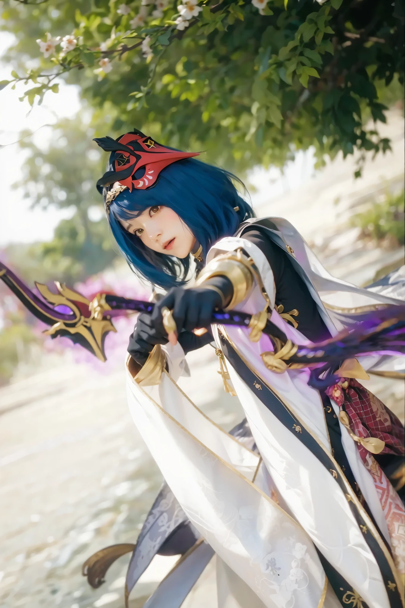 ((KUJOU SARA_GENSHIN IMPACT)),((realistic, photorealistic)),(highlight hair)), Light reflection, (( HD )),((upper body)), (((best quality, masterpiece))), (masterpiece) (best quality) (detail) (8k) (HDR) (wallpaper) (cinematic lighting) (sharp focuasterpiece, best quality: 1.1),Eyes focus forward, arching towards the front, Custom detail, mask on the hair,Sakura leaves, arrows,Purple light, highlights,