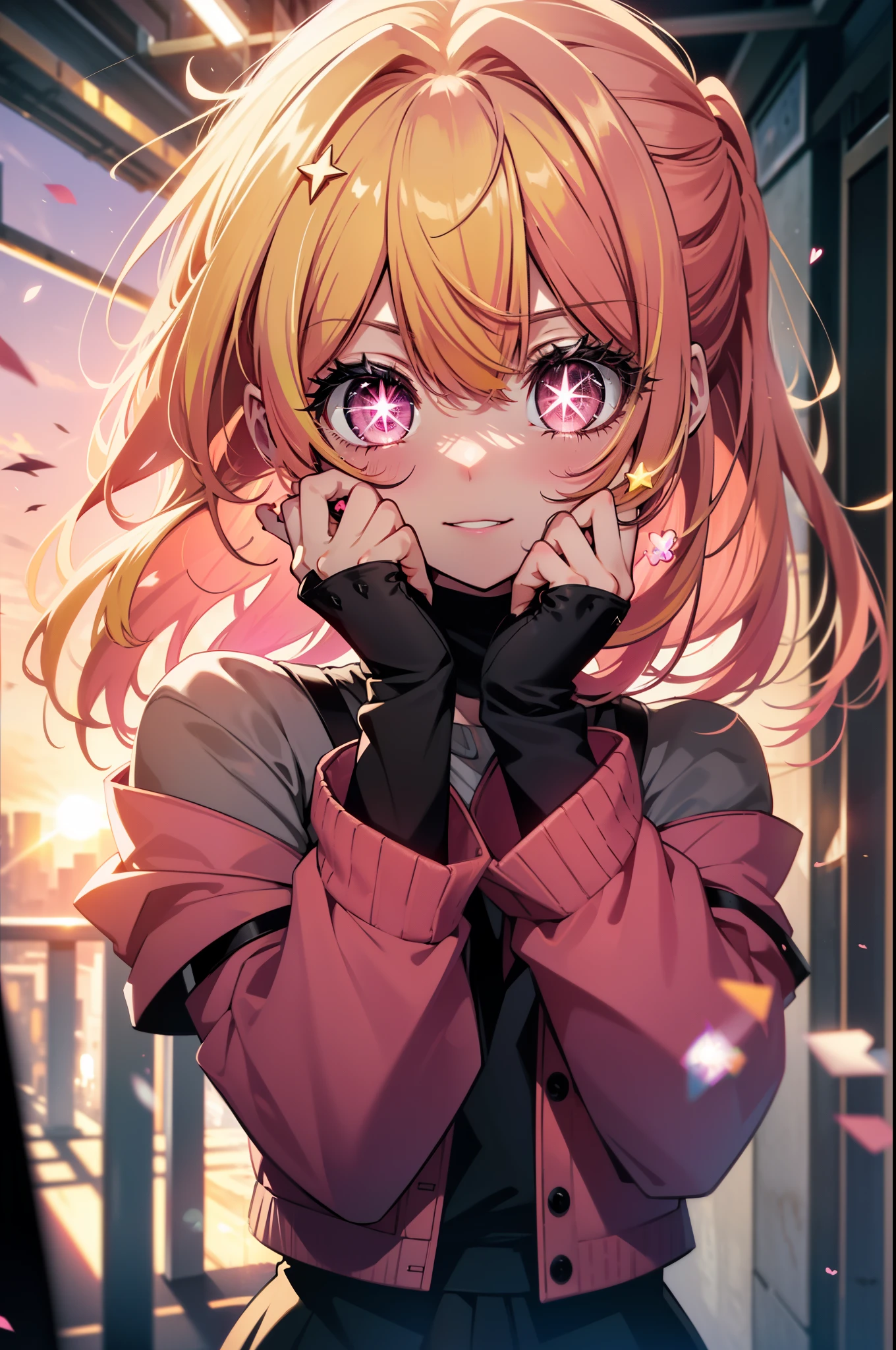 rubyhoshino, Ruby Hoshino, (yellow hair:1.5), long hair, one side up, (pink eyes:1.5), side lock, (right eye　star-shaped pupil:1.5), (pupil in the shape of a symbol:1.5), (mismatched pupils:1.5),(great laugh:1.1), (open your mouth:1.1), red long coat,off shoulder sweater,bare clavicle,naked neck,bare shoulders,pleated skirt,black pantyhose,short boots,(wide open eyes:1.2), Bokeh, Depth of the bounds written, blurred background, particles of light, strong wind, (heart particles:1.1),sunset,evening,The sun is setting between the buildings,
break looking at viewer,
break indoors, In town,building street,
break (masterpiece:1.2), highest quality, High resolution, unity 8k wallpaper, (figure:0.8), (detailed and beautiful eyes:1.6), highly detailed face, perfect lighting, Very detailed CG, (perfect hands, perfect anatomy),