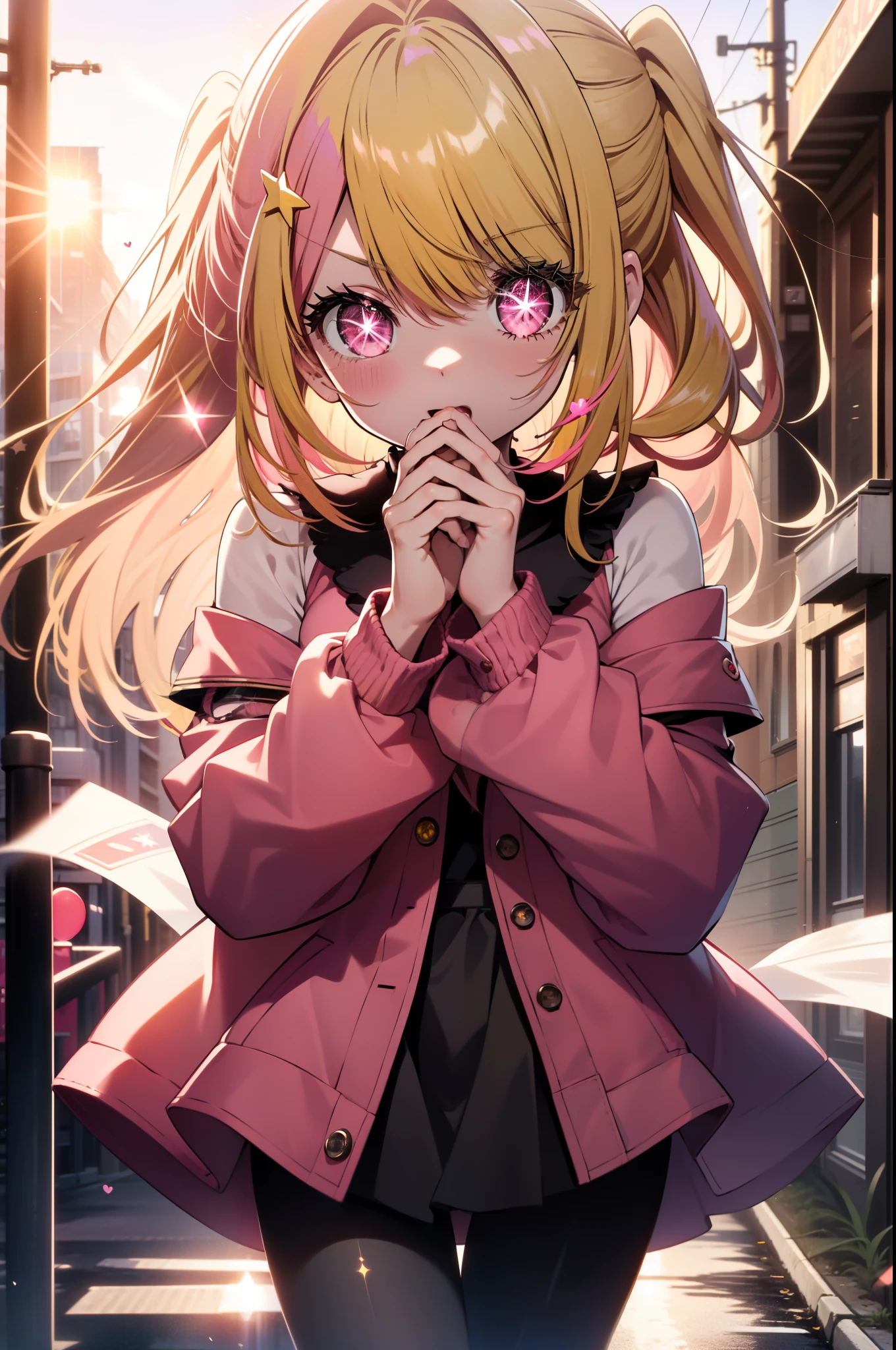 rubyhoshino, Ruby Hoshino, (yellow hair:1.5), long hair, one side up, (pink eyes:1.5), side lock, (right eye star-shaped pupil:1.5), (pupil in the shape of a symbol:1.5), (mismatched pupils:1.5),(great laugh:1.1), (open your mouth:1.1), red long coat,off shoulder sweater,bare clavicle,naked neck,bare shoulders,pleated skirt,black pantyhose,short boots,(wide open eyes:1.2), Bokeh, Depth of the bounds written, blurred background, particles of light, strong wind, (heart particles:1.1),sunset,evening,The sun is setting between the buildings,
break looking at viewer,
break indoors, In town,building street,
break (masterpiece:1.2), highest quality, High resolution, unity 8k wallpaper, (figure:0.8), (detailed and beautiful eyes:1.6), highly detailed face, perfect lighting, Very detailed CG, (perfect hands, perfect anatomy),