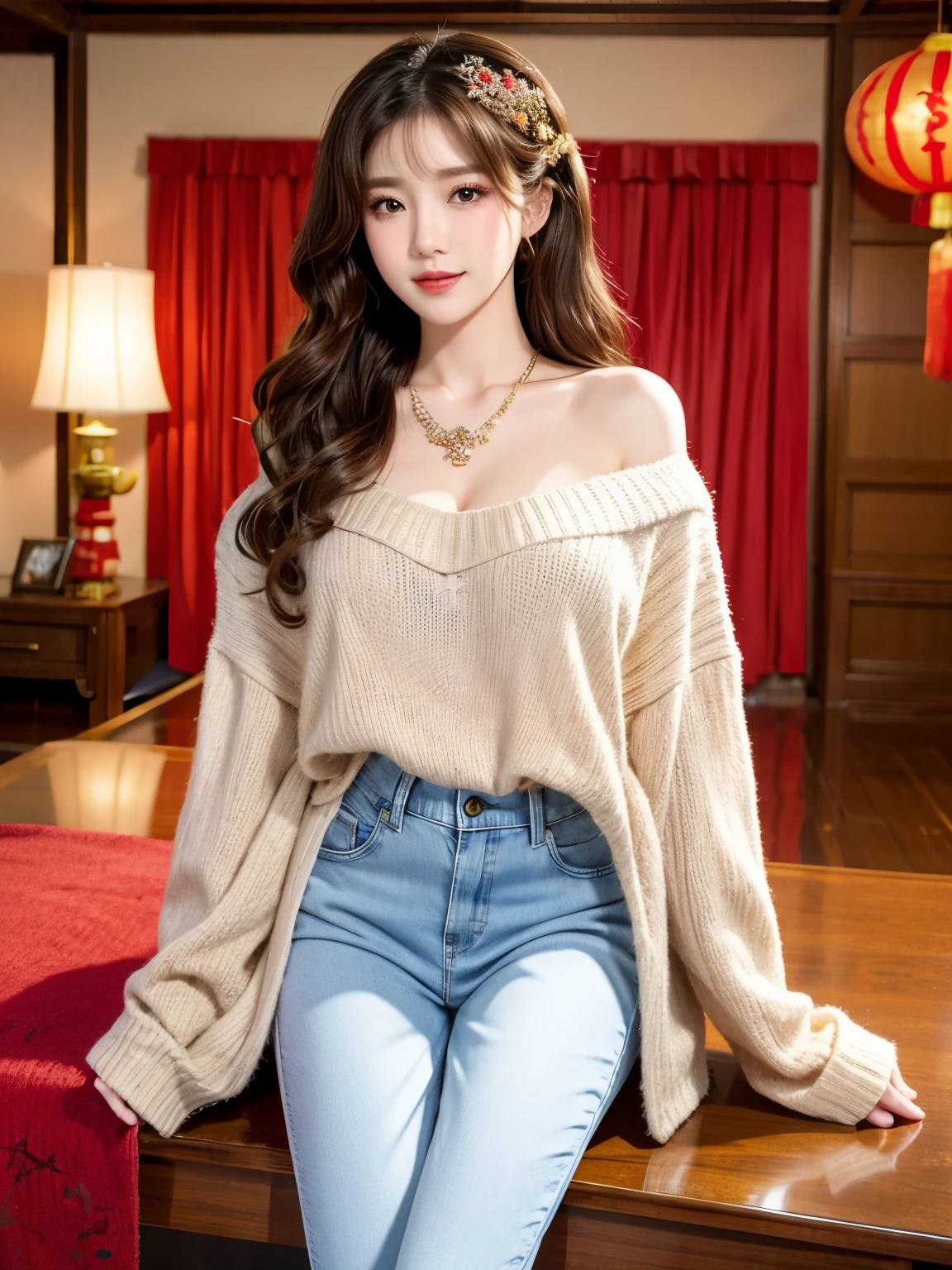 wavy hair wavy hair,（（（hair accessories）））,necklace,Wear a sexy sweater,,skinny jeans,The room is filled with Chinese New Year decorations（（（masterpiece）））, （（bestquality））,（（intricatedetails））,（（Surreal））（8k）,Misako