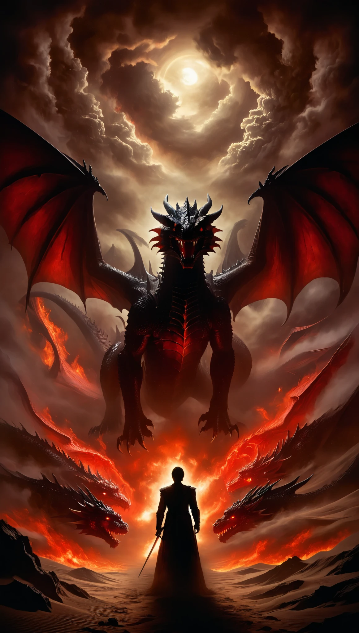 a painting of a man standing in front of a red dragons, the dark lord, dark lord, red dragon fire, the dark lord sauron, detailed painting of dune movie, dune 1982 movie, game of throne art, drogon, old - school dark fantasy art, nge dark fantasy, berserk art style, from berserk, nazgul