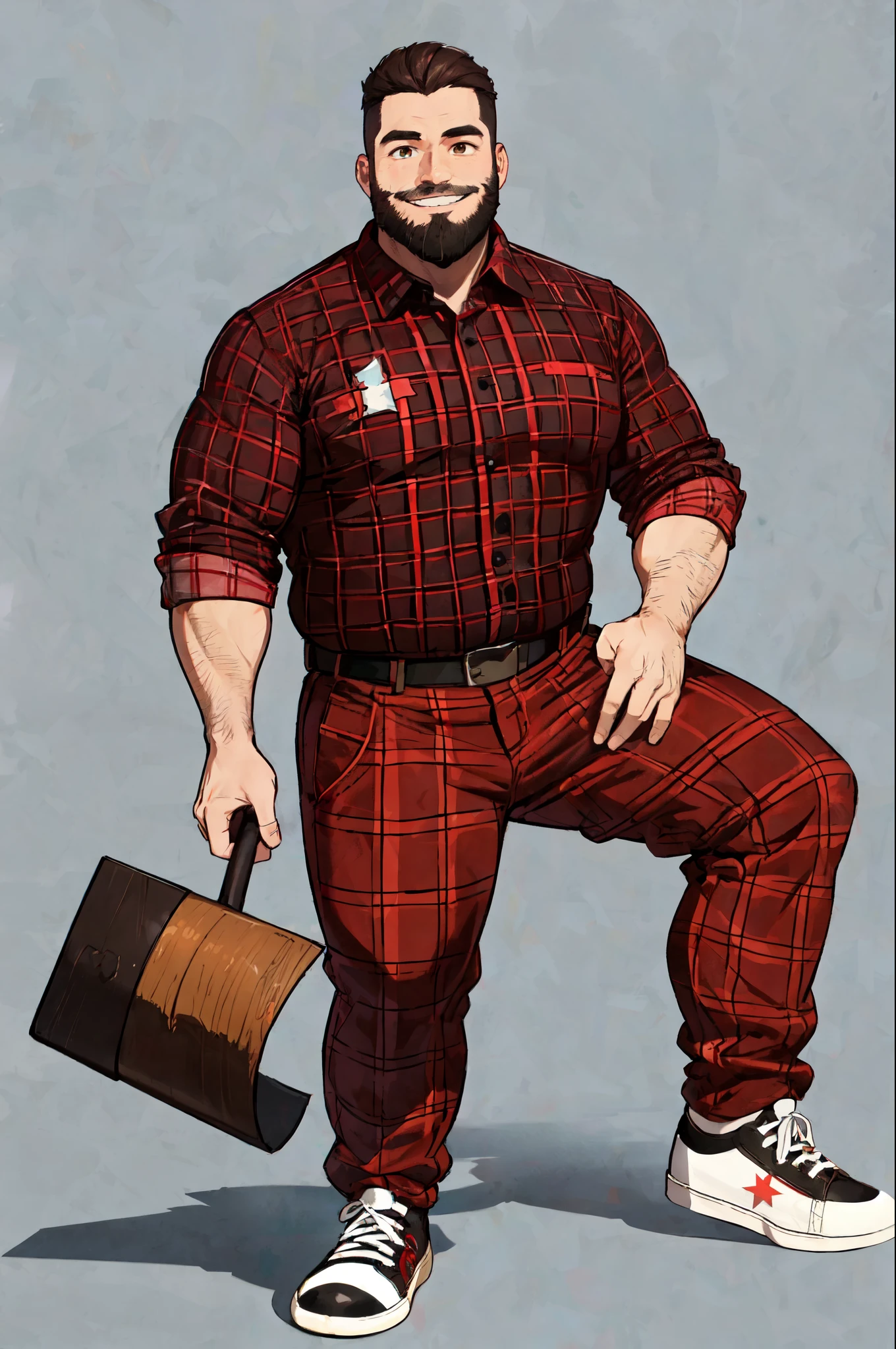 Homem de 1,85 cabelos e barba preto, half fat without belly with happy smile red lumberjack style plaid shirt and brown pants black ALL star sneakers. Imagem de corpo inteiro, 