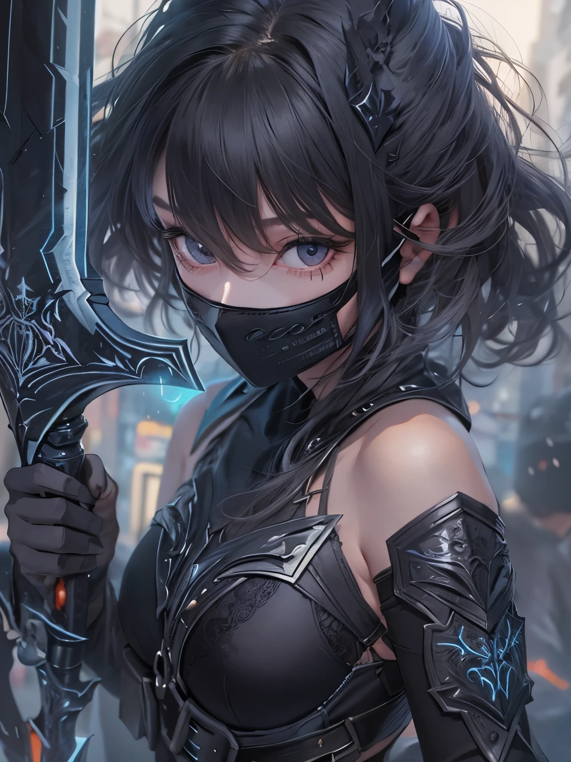 NSFW((masterpiece)), (((Best Quality))), ((Ultra-detailed)), (extremely detailed photo), ((extremely delicate and beautiful)),(Cute delicate face), (A 25 years old dignified girl),(black and violet full armor) ,(holding a violet glowing sword ),short hair,against a dark background in a city,solo, double eyelid,delicate skin,slender body shape,(Wearing a black mask:1.9)