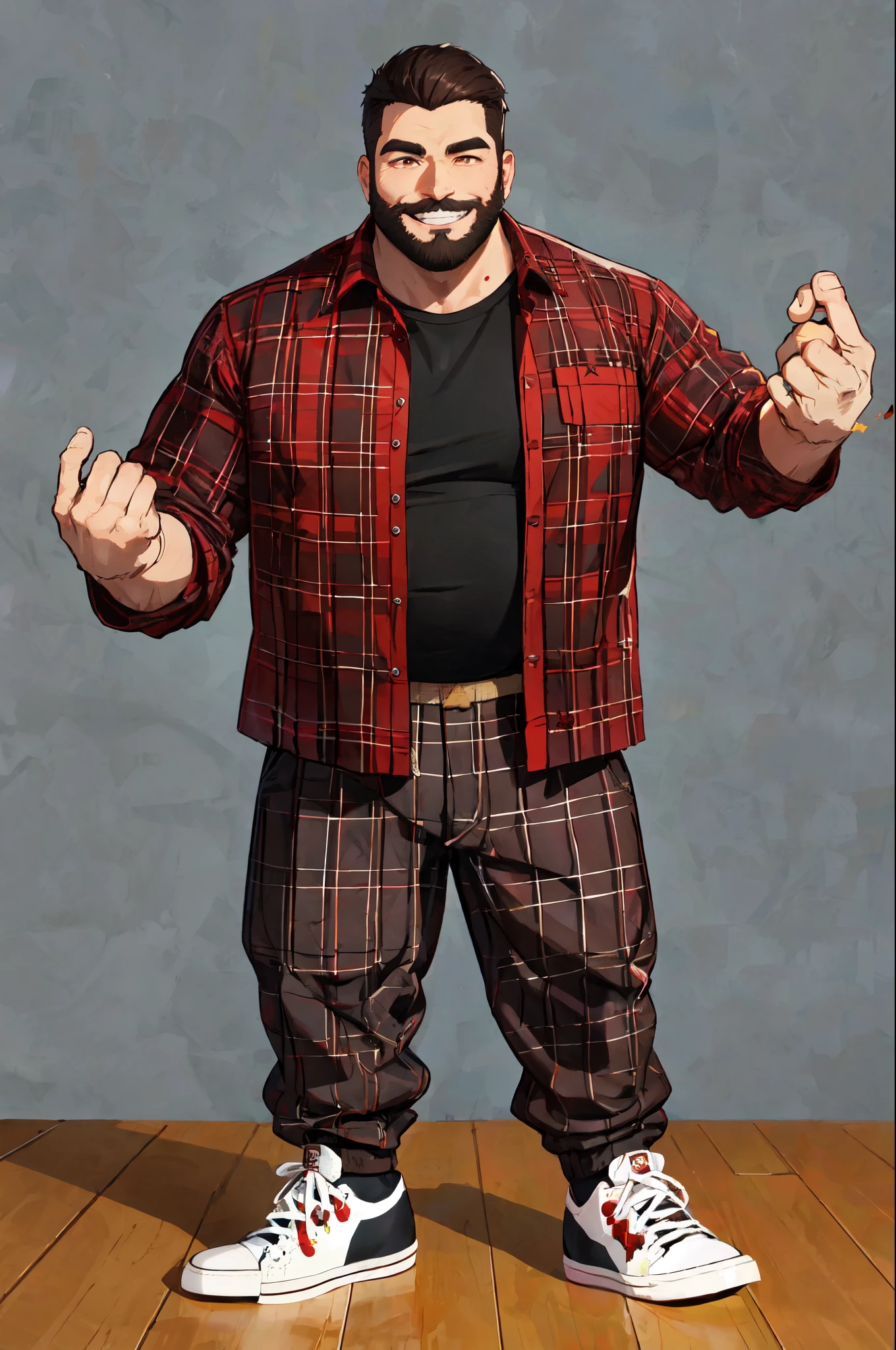 Homem de 1,85 cabelos e barba preto, half fat without belly with happy smile red lumberjack style plaid shirt and brown pants black ALL star sneakers. Imagem de corpo inteiro, 