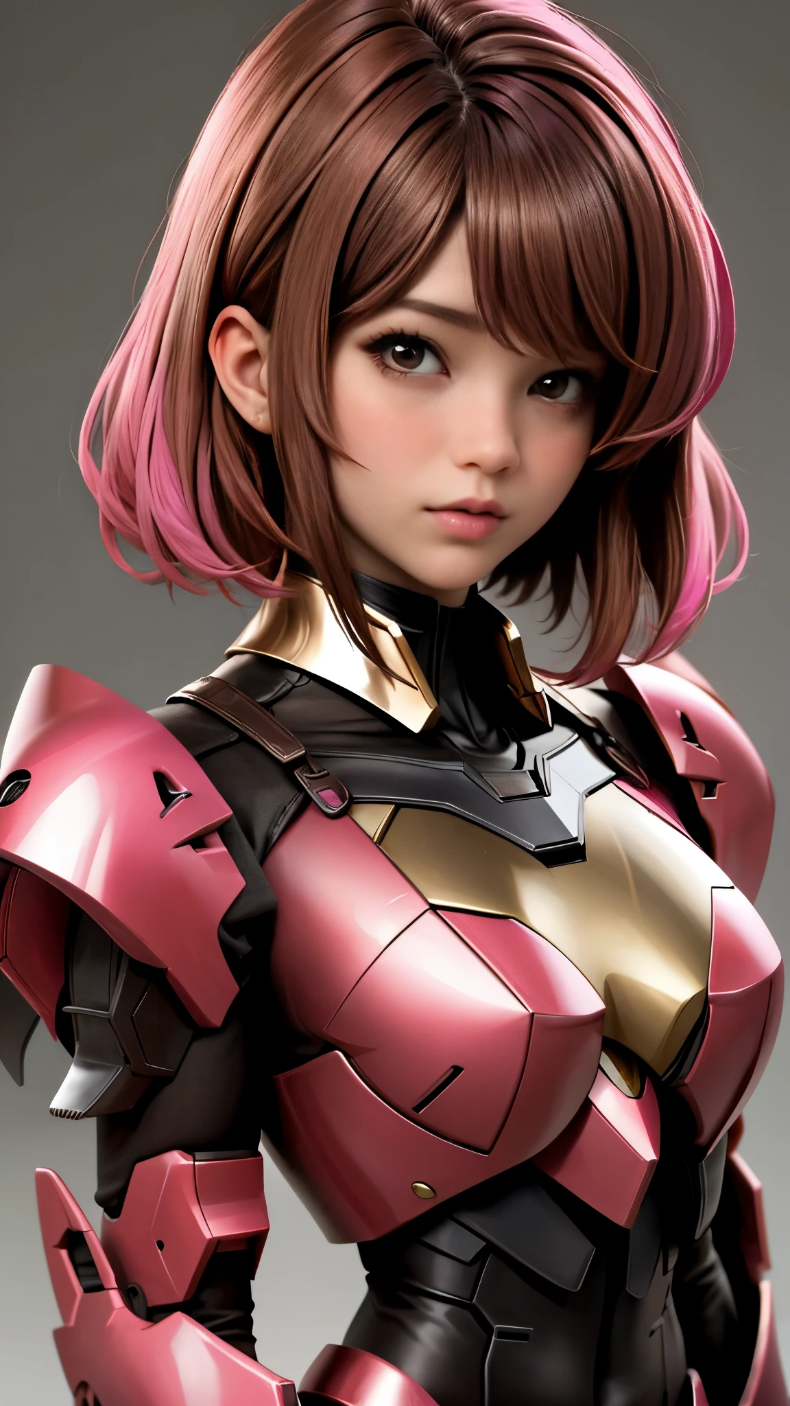 Photo of two realistic black Sazabi girls,Shortcut Bob Cut,I have a lot of hair,brown eyes,Hair color is bright pink,cool look,background is gray,16 year old daughter of Haman Khan and Char Aznable.