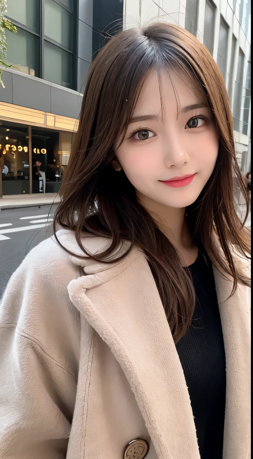 table top, highest quality, shape, Super detailed, finely, High resolution, 8k wallpaper, 完璧なダイナミックな構shape, beautiful and detailed eyes, Gorgeous and stylish black fluffy latest trend Tokyo winter clothes,ランダムなcute髪,small breasts,natural color lip, bold sexy pose,smile、20 year old girl、cute、sexy shot looking at camera,Always blur the background,perfect and beautiful face,Take only the face,beautiful and detailed face、slim face and style,Big eyes、do gal makeup,real photos、luxury brand mink coat、Take a full body photo