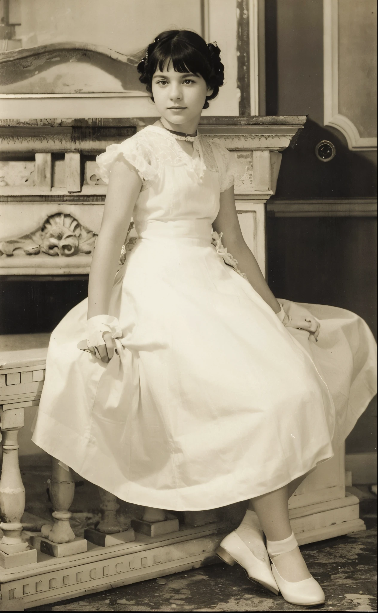 arafed photo of a young girl in a white dress and white shoes, 1 9 2 0's, 1 9 4 0's, aged , 1940s, 1 9 4 0 s, formal portrait, 1 9 2 0 s, 1920s, 1 9 5 0, 1950, circa 1940s