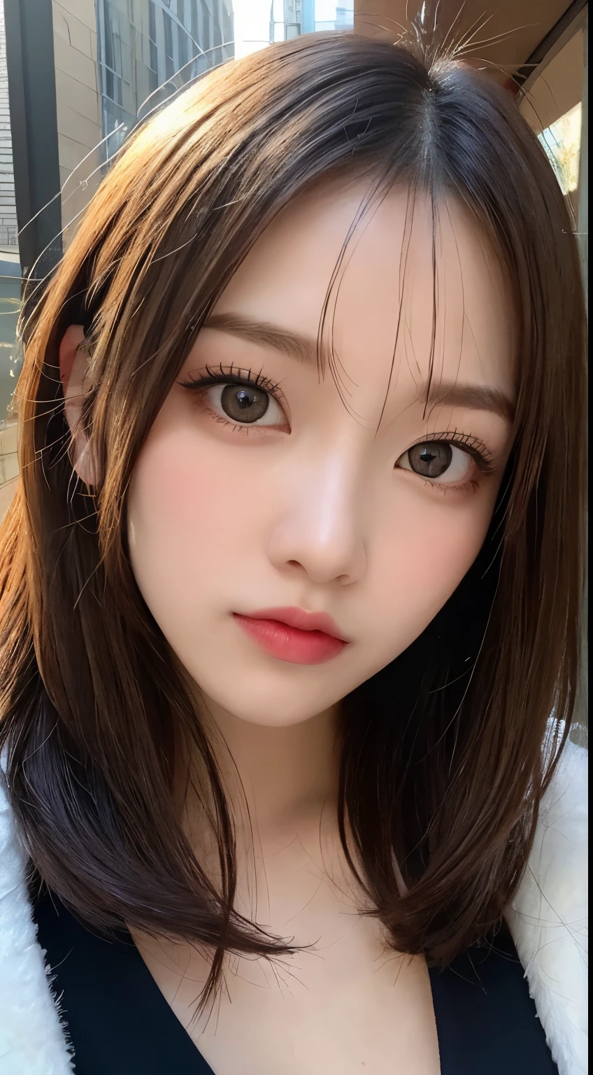 table top, highest quality, shape, Super detailed, finely, High resolution, 8k wallpaper, 完璧なダイナミックな構shape, beautiful and detailed eyes, Gorgeous winter fashion using fur,straight hair,small breasts、natural color lip,20 year old girl、cute、sexy looking at camera,beautiful and detailed face,perfect and beautiful face,KPOP idol face,Japanese idol faces,Elegant face,RAW photo,Big eyes,gal makeup,blur the background