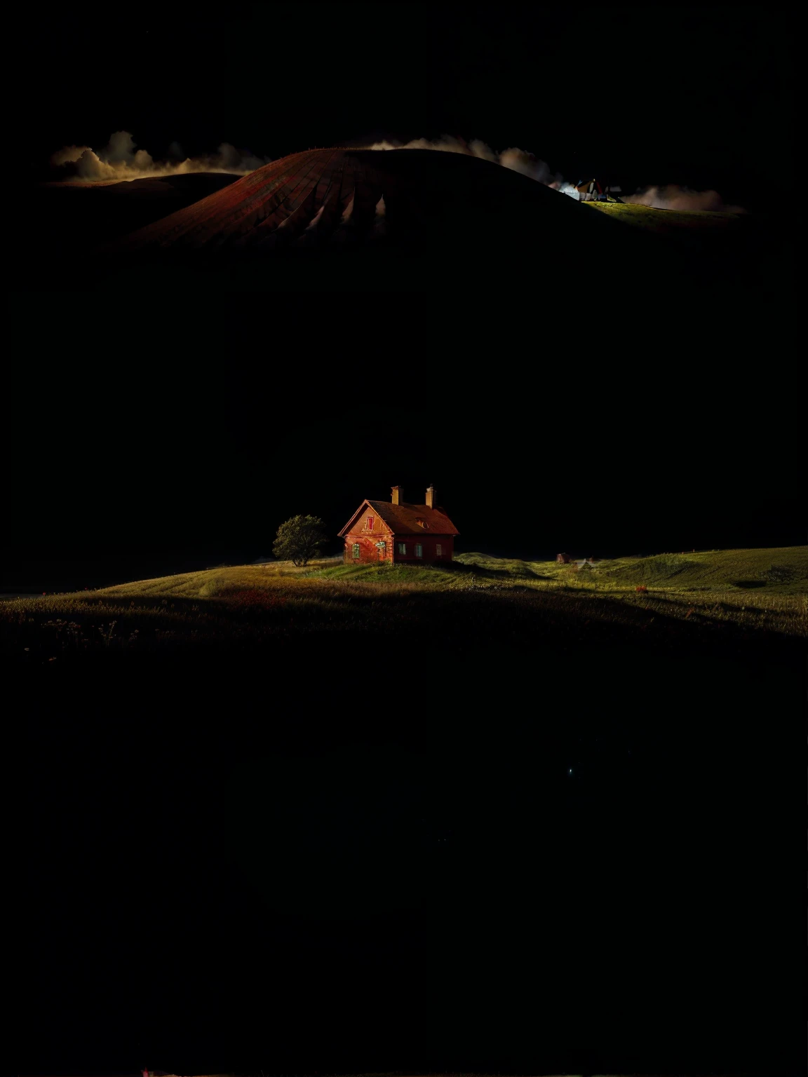 there is a red house in the middle of a field, house on a hill, surreal scene, in a surreal dream landscape, inspired by Franz Sedlacek, a surreal dream landscape, surreal photo, erik johansson style, by Chris Friel, inspired by Chris Friel, surreal dream landscape, erik johansson, red cloud light, isolated, red building, surreal dreamscape