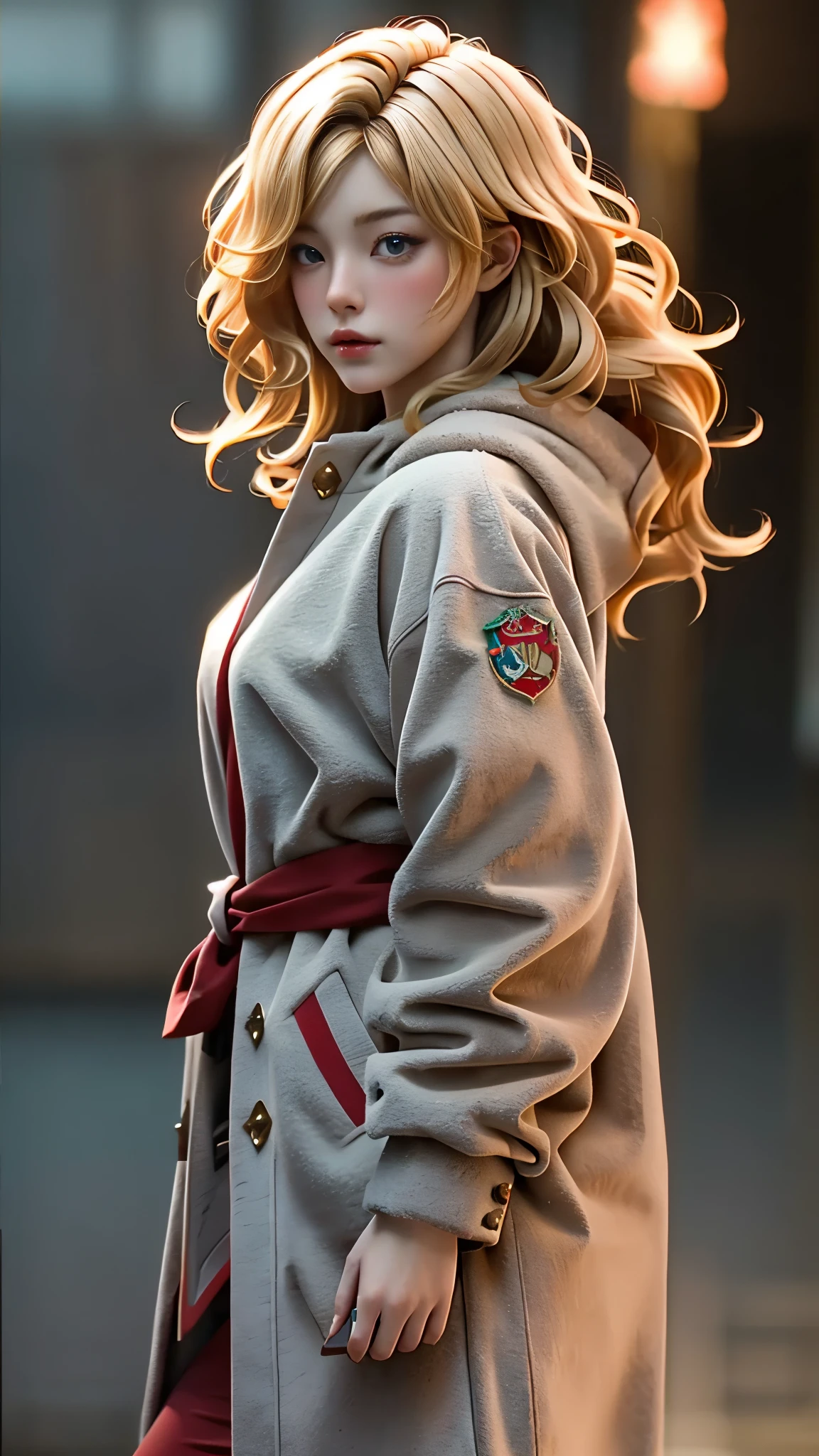 Realistic Red Sotheby Girl Photo,35 year old beautiful woman,long side waves,delicate blonde hair,cool look,background is gray,Coat of arms of the Principality of Zeon,